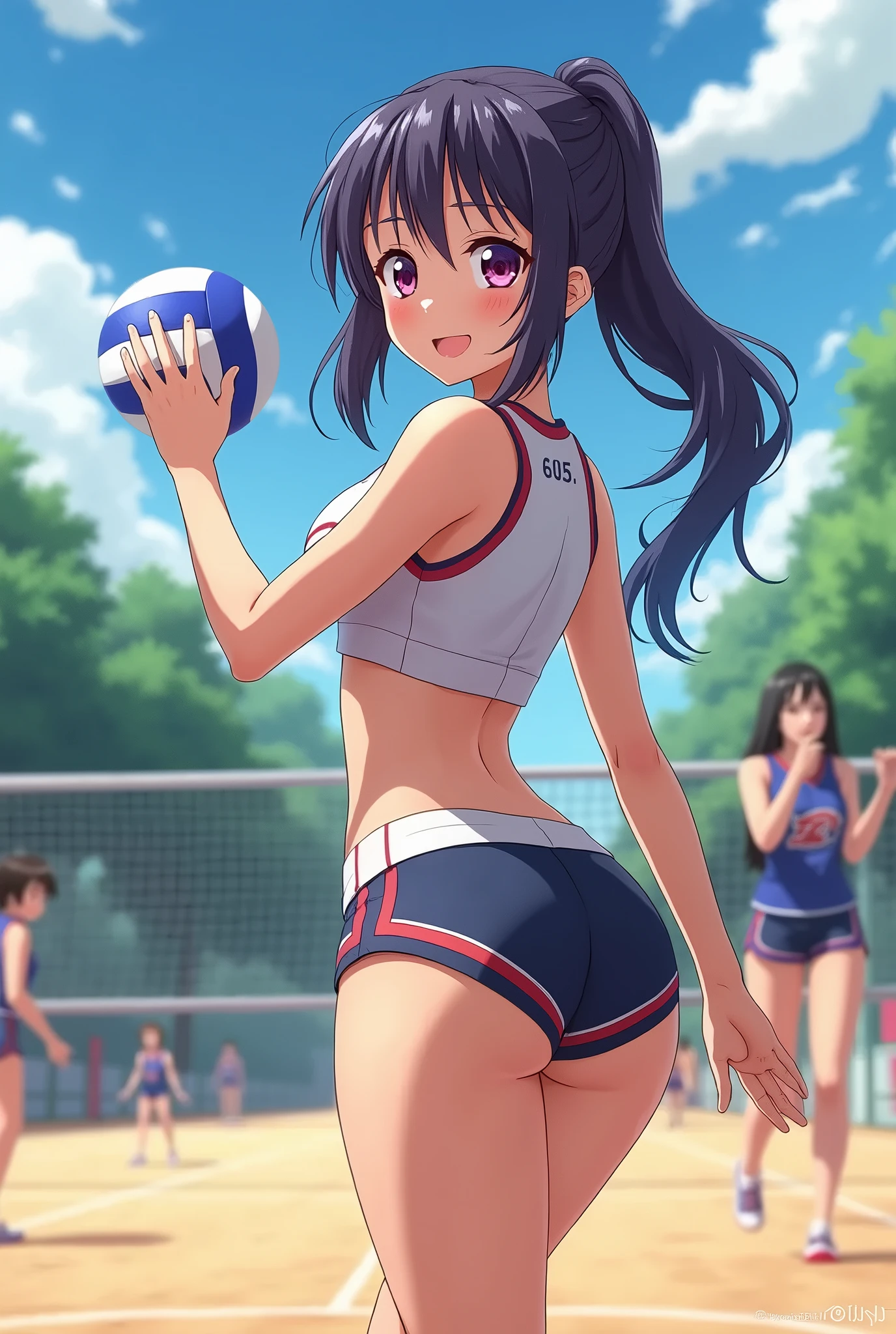 （Sweat, White skin:1.5、Aggressive Pose, ）, cameltoe, Fitness, , ((Beach volleyball bikini)),Big Breasts, Sturdy body、Healthy Body、((Big Eyes in Anime)), back、Very long dark blue hair、ponytail、Squat、from back,Super High Cut
