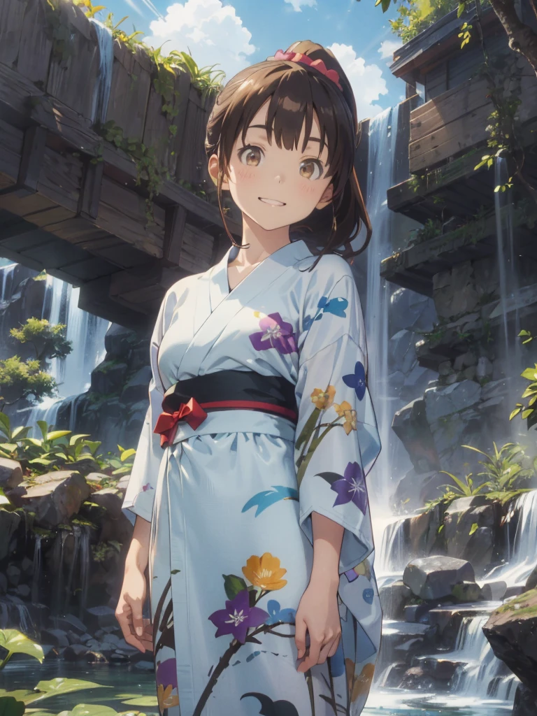 Best Quality, (masutepiece:1.2), Highly detailed, {yukata:1.40}, {kimono:1.20}, Megumi Kamino, Upper body, 1girl in, Solo, ((Taishōben))、(From below))、 Looking at the viewer, Smile, tooth, Brown hair, Ponytail, Brown eyes, Scrunchie, ((waterfall background)), Sun'rays, 