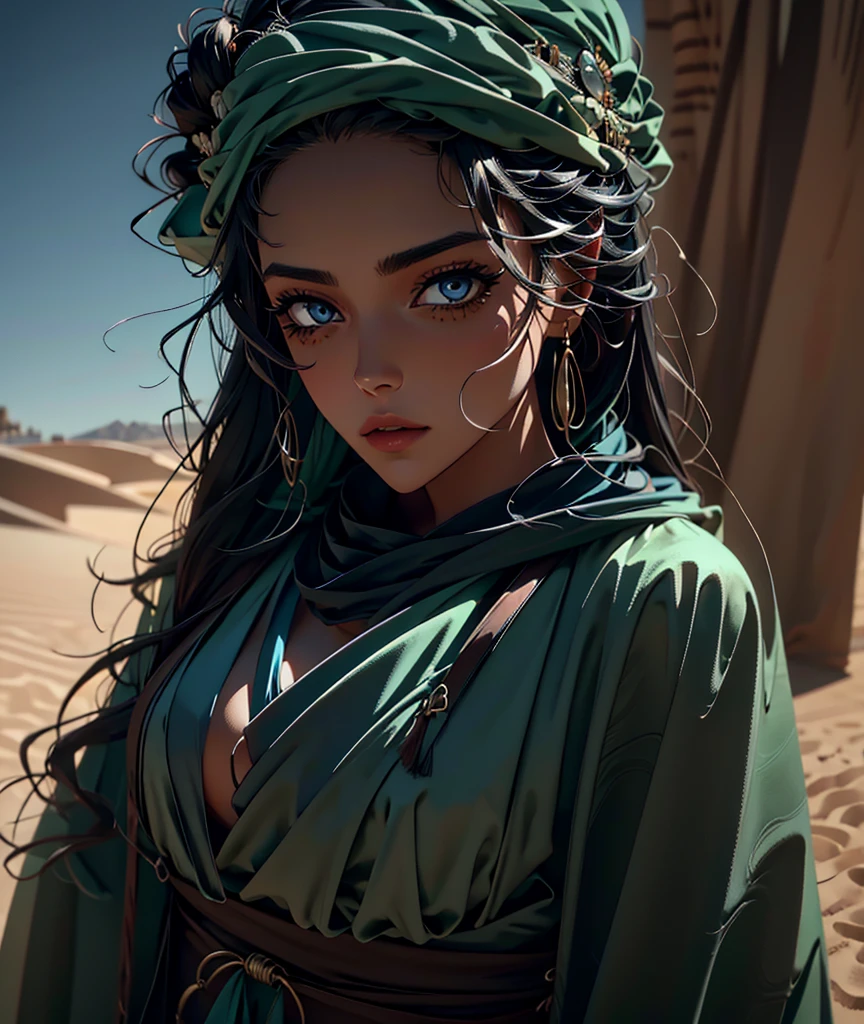 in a desert a beautiful woman walks lightly. she has a traditional outfit of Tuareg and Bedouin of the desert only her eyes are visible. she has magnificent ultra detailed amber eyes, her pupils are dilated and her iris ultra detailed and a magnificent amber color with shades of yellow and green. her gaze is intense and warm. there are dunes of orange-red sand everywhere around her. the environment is hostile to life. she stands facing and looks to the side towards the setting sun. close-up on her gaze. her outfit is a beautiful midnight blue color. she wears kohl makeup around her eyes which magnificence of her deep and burning gaze.1 fille, Solo, Résolution Haute, Œuvre d'art, Anatomie correcte, Qualité Meilleure, Détails fins, Haute qualité, Très détaillé, Peau texturée, Rougissement Léger, Regard Fixe, Yeux en Amande, Yeux Ambrés, Perle Cheveux, Accessoires de Cheveux en Paire Ressemblant à du Bluetooth sans Fil, Réflexion Lumineuse, Ray Tracing, Style Animé, Animé, 