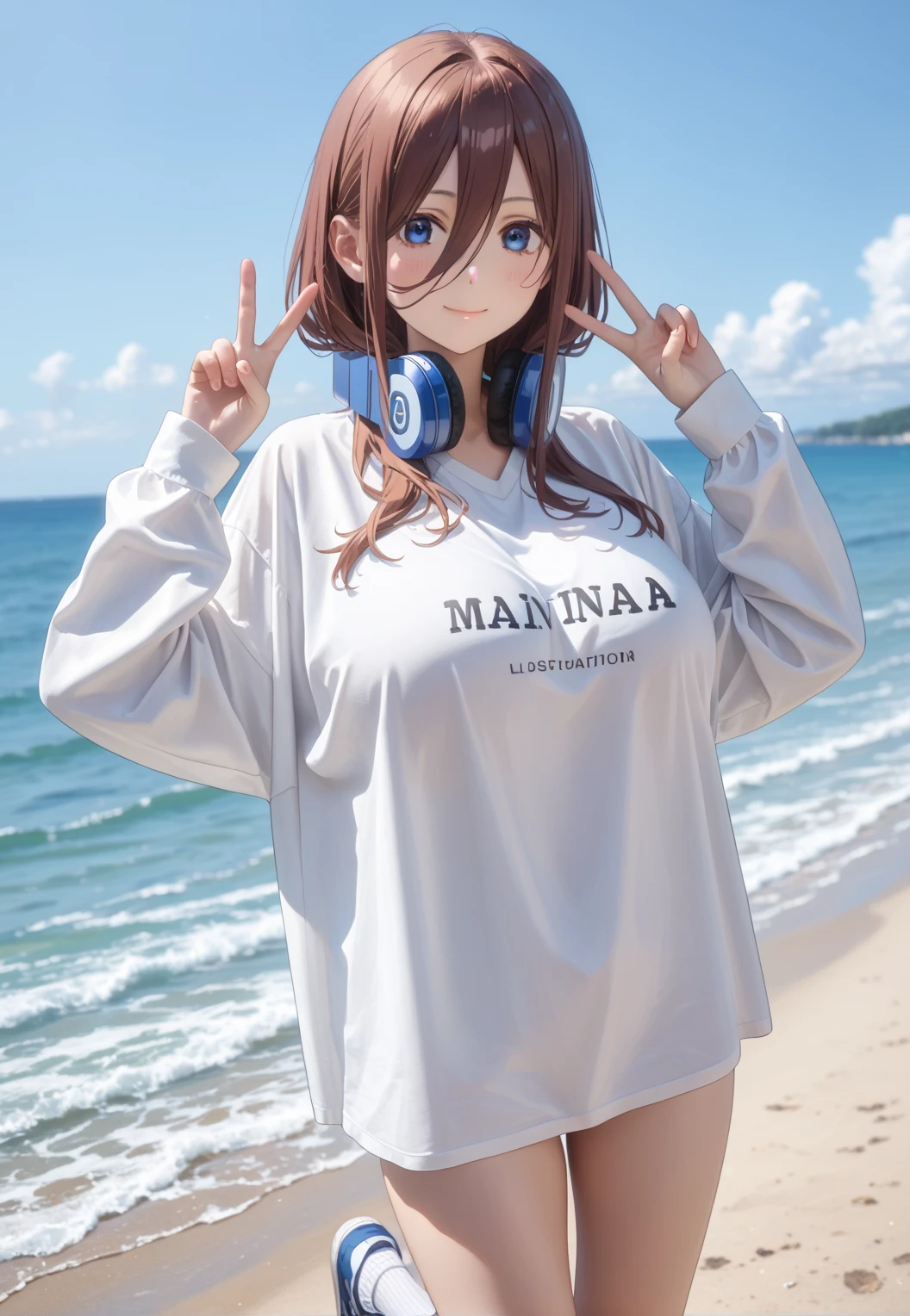 Fit girl,score_9, score_8_up, score_7_up, score_6_up,
uncensored,
1girl, miku nakano, long hair, bangs, blue eyes, brown hair, shirt, hair between eyes, huge breasts,
headphones, headphones around neck,1girl, solo, long_hair, photo_background, looking_at_viewer, outdoors, shirt, cellphone, water, long_sleeves, sleeves_past_wrists, standing, oversized_clothes, smartphone, black_eyes, baggy_clothes, white_shirt, day, oversized_shirt, closed_mouth, bangs, ocean, v pose, long socks, sneaker, smile, Thigh thighs, double peace pose, Sexy pose