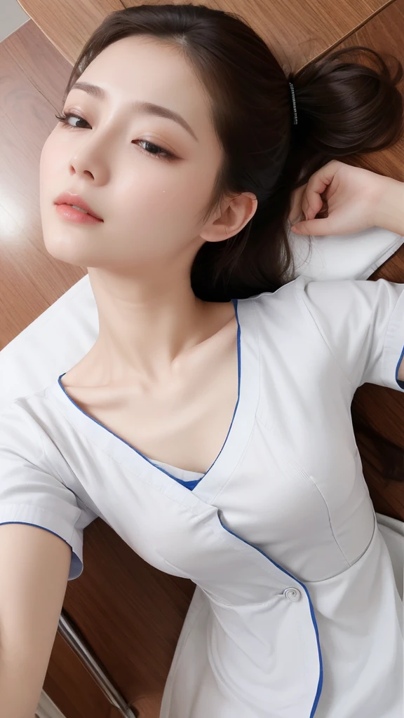 (medium shot), 1girl, (arms over head:1.4), smiling beautiful Japanese female nurse wearing fitted aqua nurse uniform, beautiful detailed face, black hair, pale skin, fair skin, realistic skin, detailed cloth texture, detailed hair texture, Perfect proportion, accurate, Anatomically correct, Highly detailed face and skin texture, modern hospital room, photorealistic