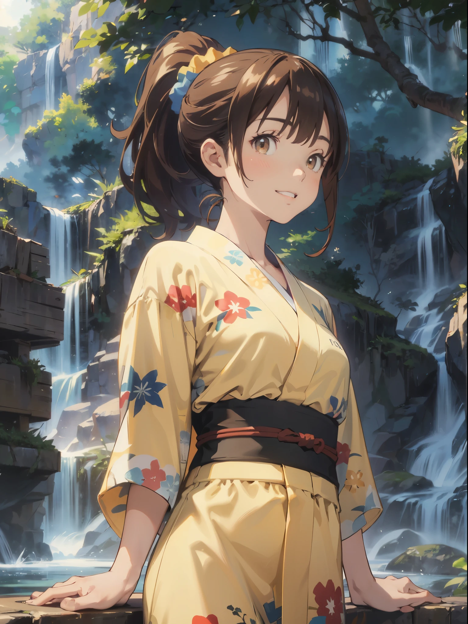 Best Quality, (masutepiece:1.2), Highly detailed, {yukata:1.40}, {kimono:1.20}, Megumi Kamino, Upper body, 1girl in, Solo, ((Taishōben))、(From below))、 Looking at the viewer, Smile, tooth, Brown hair, Ponytail, Brown eyes, Scrunchie, ((waterfall background)), Sun'rays, 