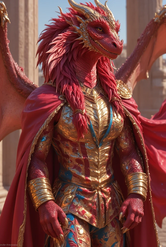 ((masterpiece)) ((photography)) ((Highest quality)) A majestic red male dragon with soft, luxurious long fur covering its body, draped in flamboyant, colorful clothing that perfectly complements its fiery aura. The dragon wears a finely tailored, vibrant tunic adorned with intricate patterns and gold embellishments, with a stylish, oversized cloak flowing behind it, catching the light with every movement. Its eyes shine with charisma, and it wears an ornate golden crown on its head, giving it a royal air. Round, tinted glasses sit delicately on its nose, adding a touch of cool sophistication. The dragon’s wings, lined with silky fur, have a slight sheen to them, blending the strength of a beast with the elegance of a true fashion icon. The background is softly blurred, putting all the focus on this fashion-forward dragon whose unique style blends fierceness with an unmistakable sense of grandeur.