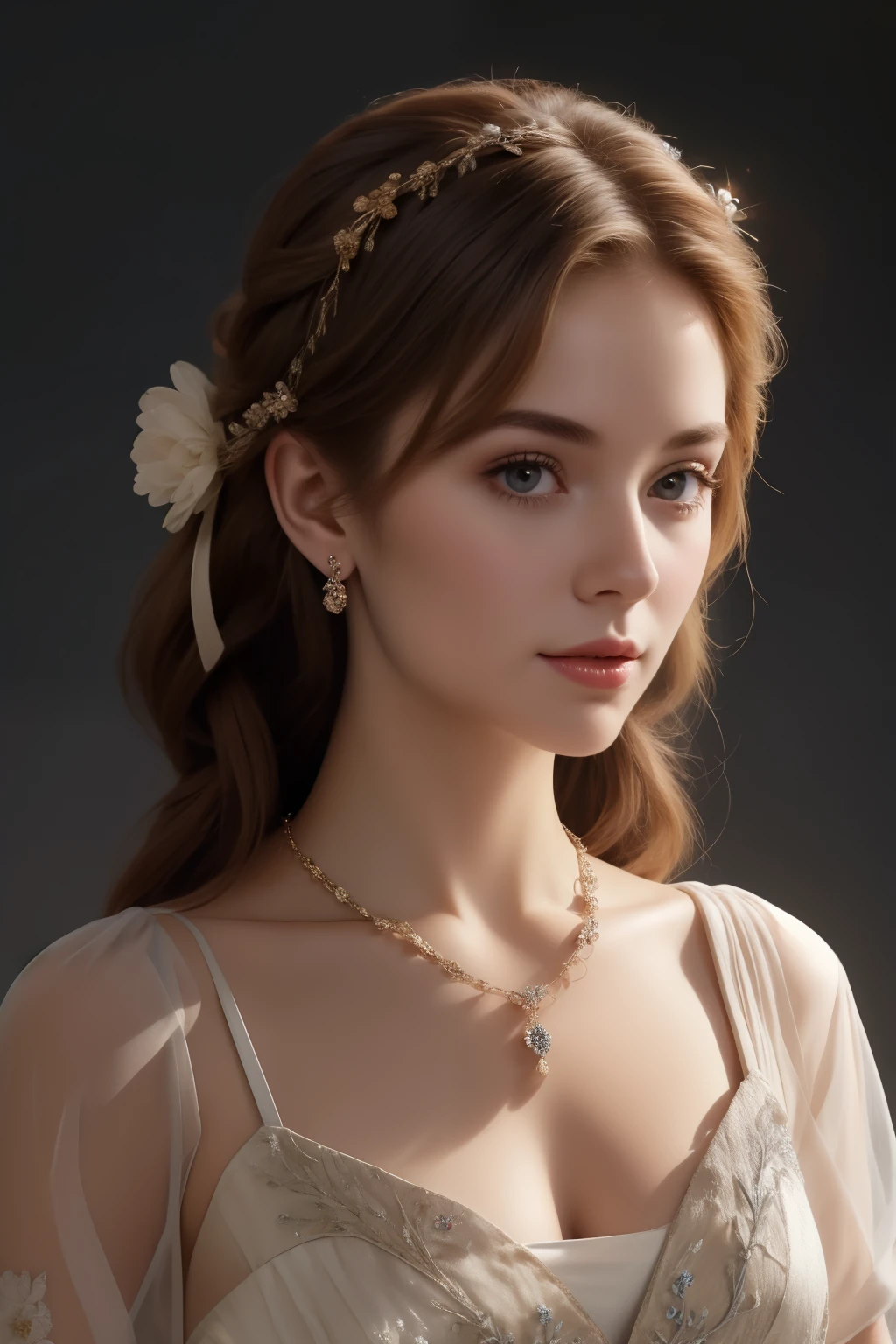 (A masterpiece with ultra-high image quality，Beautiful bust of an 18-year-old noble girl，Classic braid，eyes are shiny and clear，Floral craftsmanship，Crystal Jewelry，Ultra-fine details，Soft lighting)