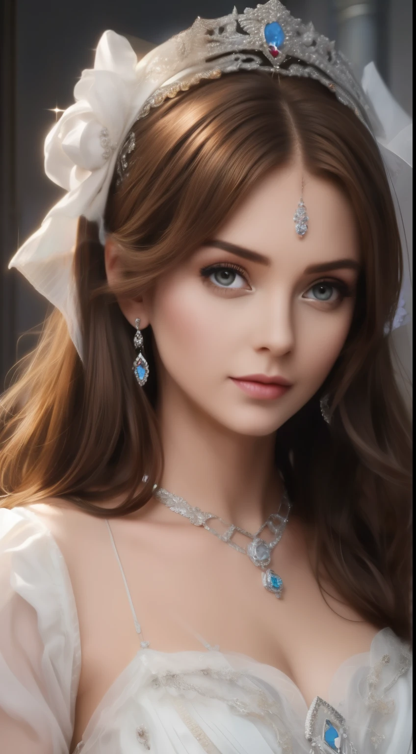 tmasterpiece，Highest image quality，Beautiful bust of a royal lady，Delicate brown hairstyle，Silver eyes are clear，Embellished with a dazzling array of intricate jewelry，super detailing，upscaled。