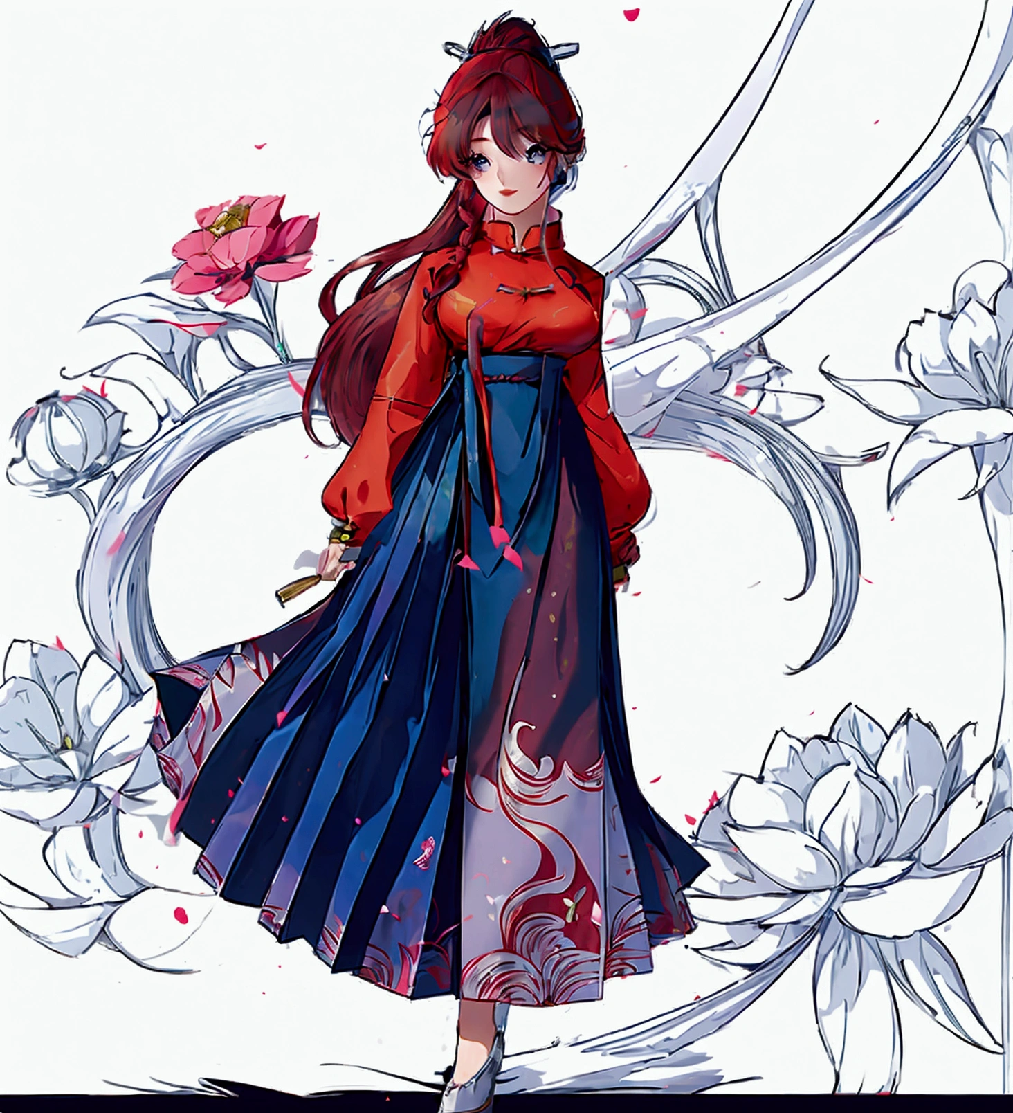 Create Female Ranma, Clear outline, Full body color photo, ( Beautiful and Exquisite Eyes ), ( pretty face:1.3), Wakaki's Smiling Face , long red hair， Bangs,  blue-gray eyes ,  big eyes， full breasts ，(Chinese Hansel :horse face long skirt),top:  Fit Purple Chiffon High Waist Loose Elegant Nine Split Pleated Long Skirt(actual:1.2),(Floral),   (actual上下身衣服是:3.7. Scale)。