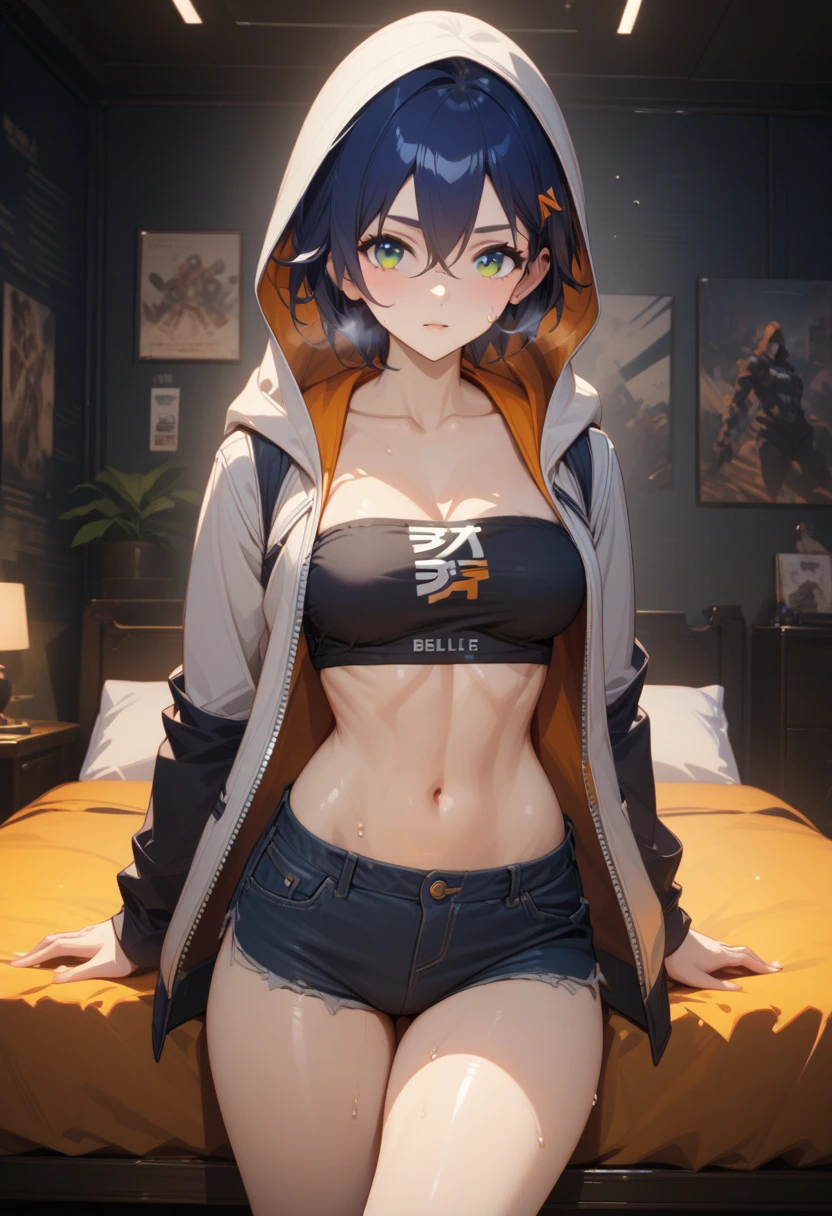 masterpiece,best quality,high resolution,8k,ultra HD,wallpaper,illustration,perfect face,cowboy shot,beautiful detailed eyes,extremely detailed face,perfect lighting,extremely detailed CG,perfect hands,perfect anatomy,perfect body,perfect hands,perfect fingers,1woman,full body,,muscle fighter body,Blue short hair,light green eyes,large breasts,Medium ass,medium nipples,(black tube top with open white hood jacket),black denim short pants,,,collarbone,,looking at viewer, (),Steam,sweat,on the bed,(Zenless Zone Zero character Belle),