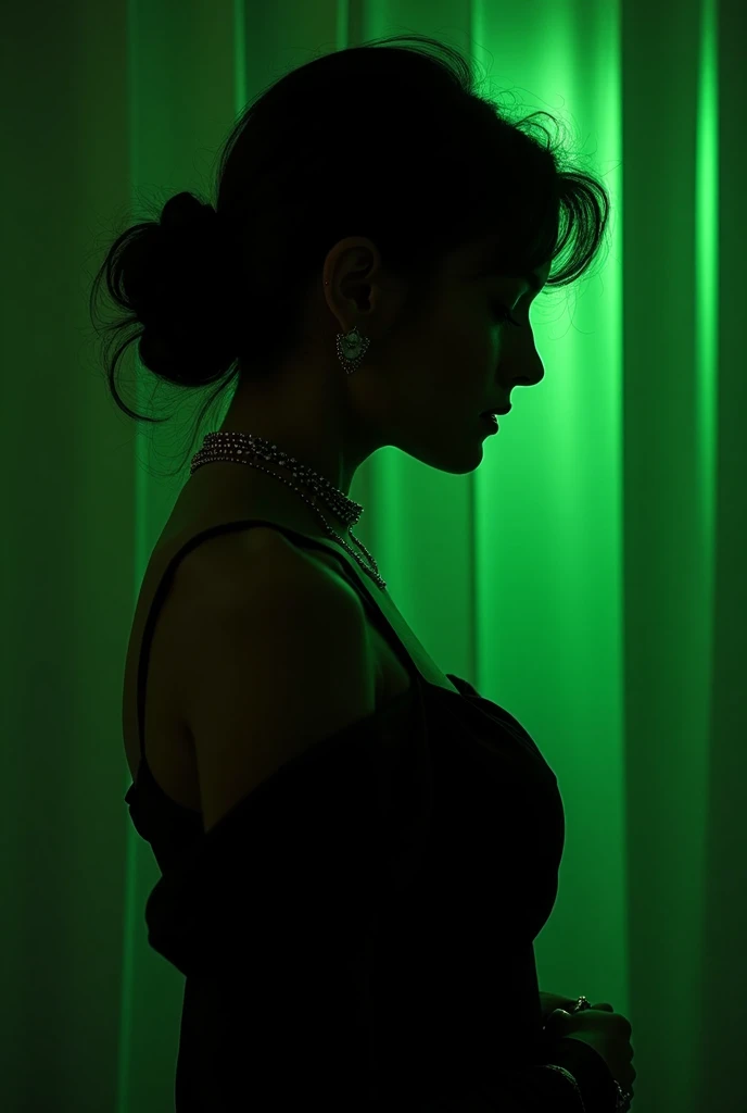 A stunning silhouette profile portrait of Maleficent in the nude, young and beautiful, hyper realistic, real portrait, backlit, exquisite features, cleavage, sexy, seductive, unnatural light, soft light, location is the interior of a dungeon, green light, eerie, purple highlights:1.4, she is smirking, she is busty, her chin is raised, looking down at viewer, low angle shot, h her body is nude, visible nipples,naked and powerful, visible breasts, visible nipples, she is standing, narrow waist, wide hips