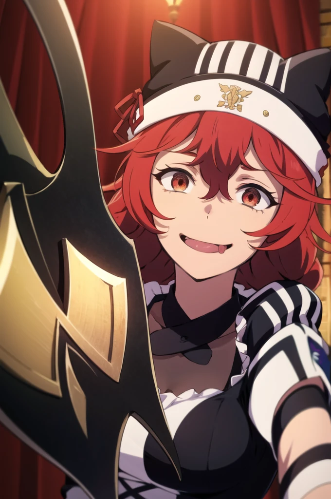 Red eyes,  red hair,  Had,  tongue, Crazy Eyes,  crazy smile , I'm wearing a black beast ear hat, crazy,  maid outfit , weapon,Psychopath