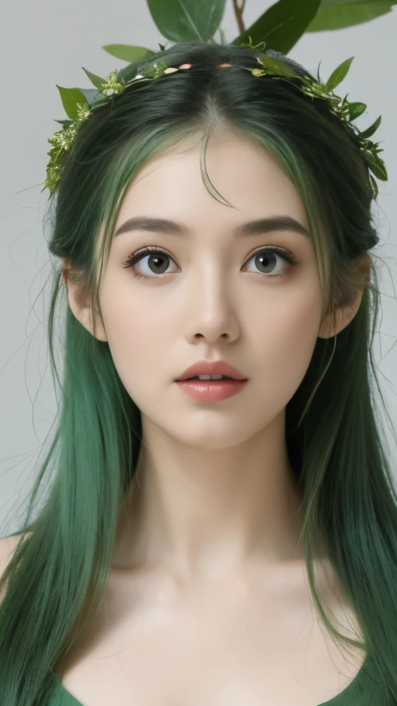 beautiful plant girl，Tree God，Green hair，There are branches and leaves on the head，Face is clear and delicate，(closeup of face)，((Bust photo))，wearing leaf clothes，The background is forest，tmasterpiece，illuminations