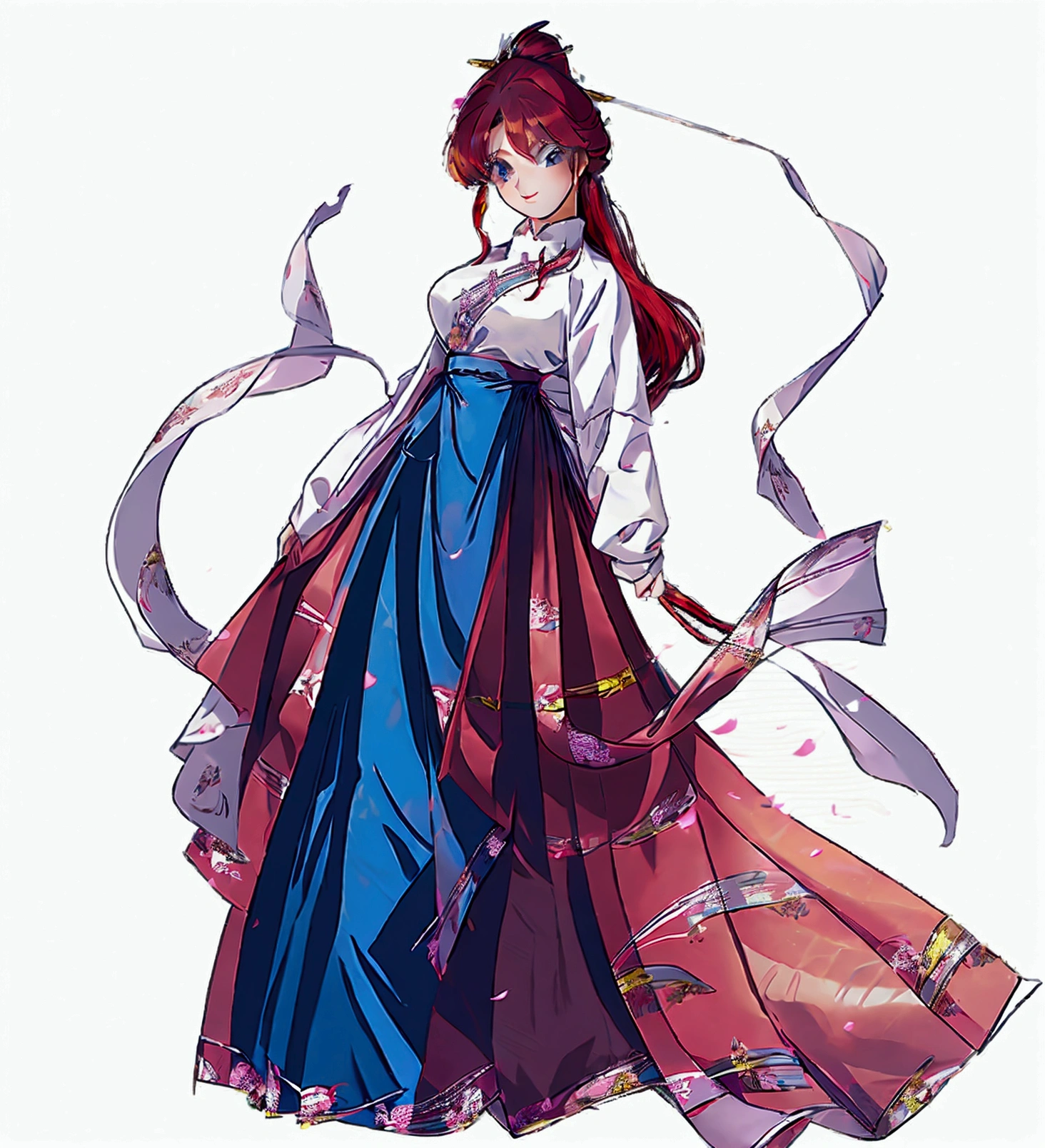 Create Female Ranma, Clear outline, Full body color photo, ( Beautiful and Exquisite Eyes ), ( pretty face:1.3), Wakaki's Smiling Face , long red hair， Bangs,  blue-gray eyes ,  big eyes， full breasts ，(Chinese Hansel :horse face long skirt),top:  Fit Purple Chiffon High Waist Loose Elegant Nine Split Pleated Long Skirt(actual:1.2),(Floral),   (actual上下身衣服是:3.7. Scale)。