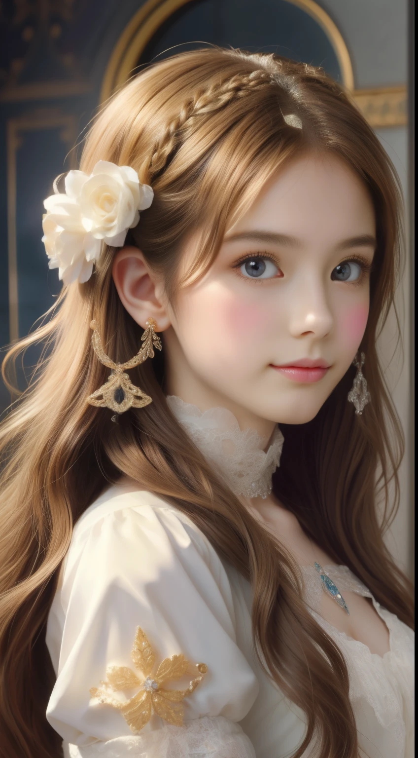 tmasterpiece，Highest high resolution，Bust of a beautiful noble maiden，Delicate braided hair，Coiled hair，Shining clear eyes，The hair is covered with beautiful and delicate floral craftsmanship, crystal、Diamond jewelry filigree，Ultra-detailed details，upscaled，softlighting。