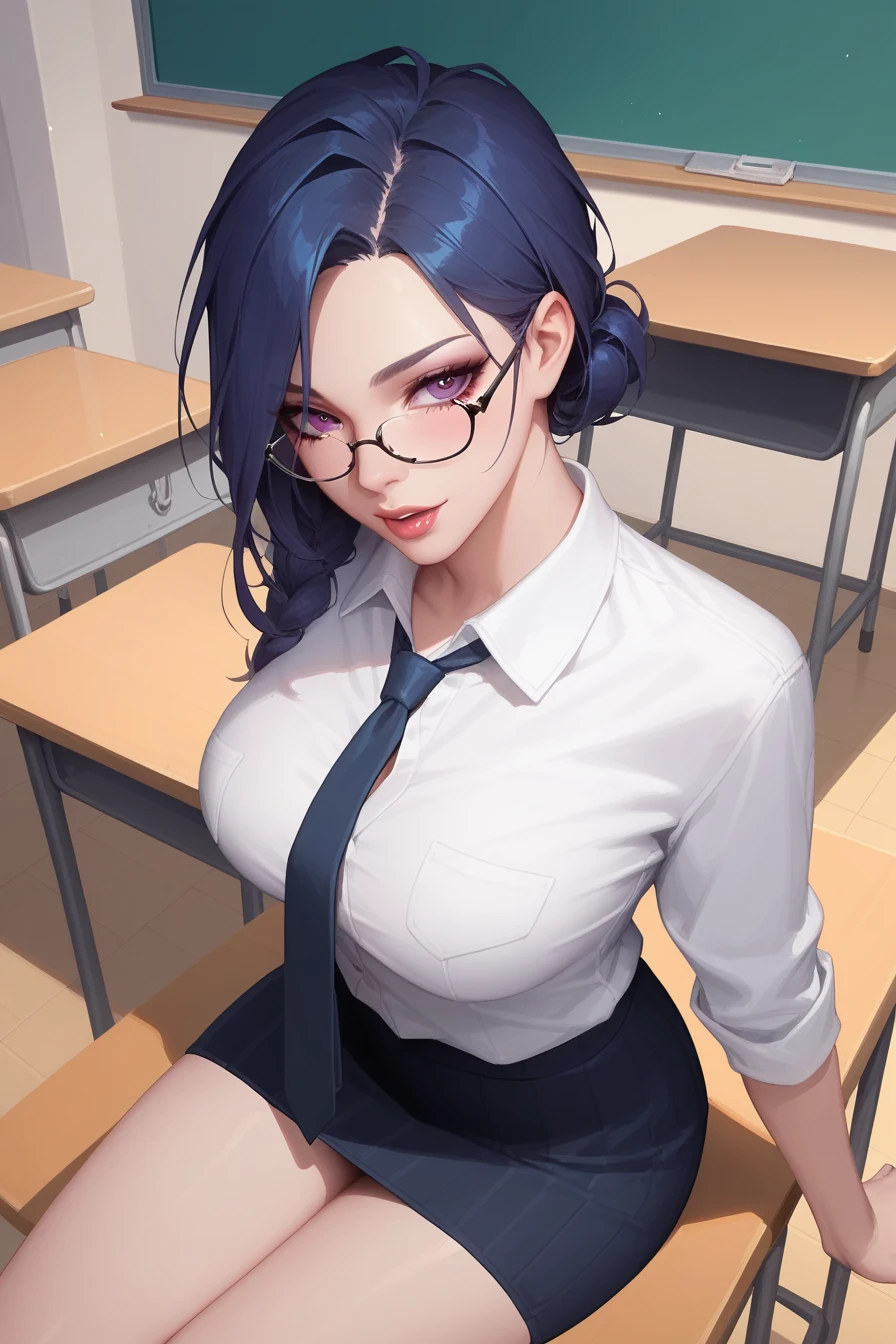 Above angle, anime, naughty girl like Leblanc, arrogant facial, necktie, glasses, in the classroom, evening light, (league of legends-series)