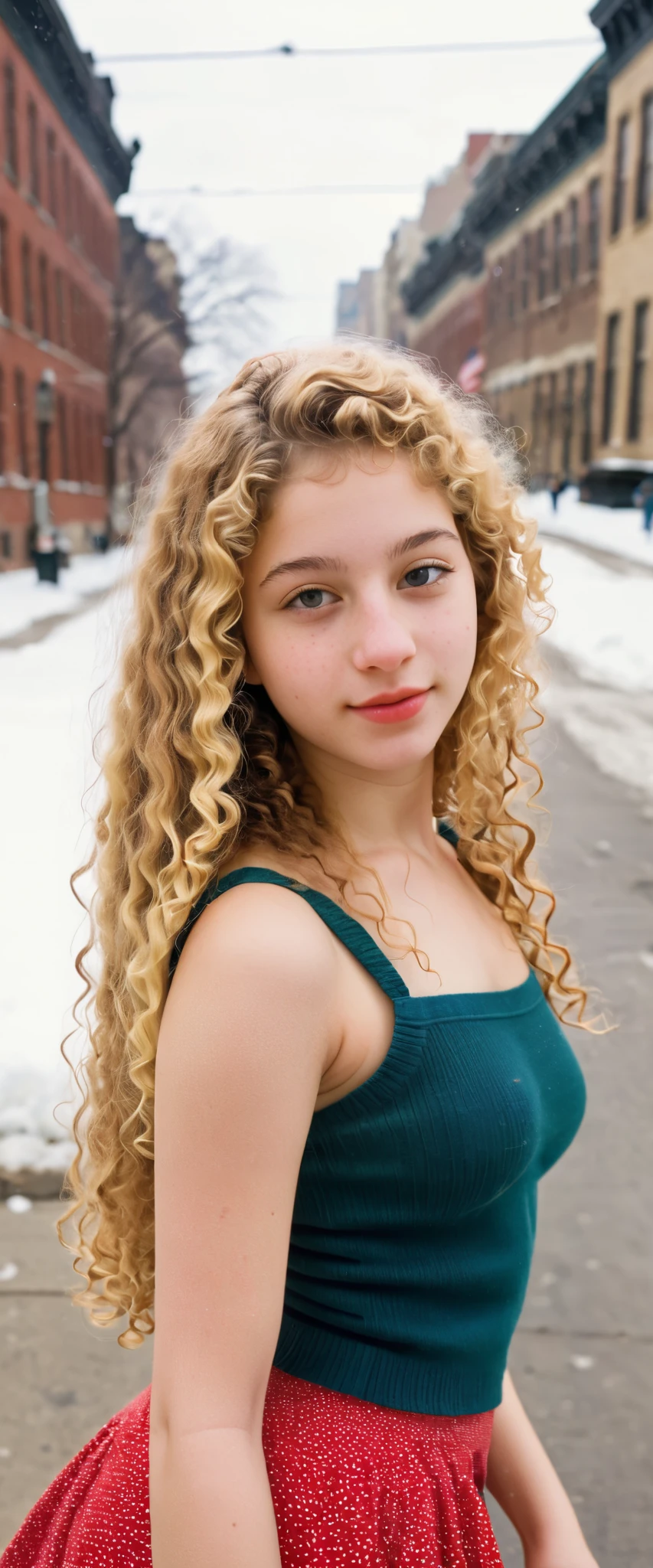 (indistinguishable from reality:1.4), 1girl, selfie, An half portrait of a beautiful 18y.o New York , (detailed facial features), (freckles:0.2), (acne:0.1), long thick luxurious curly hair,blonde hair, beautiful Jewish nose, shy smile, walking on street, snow day, sun, Skirt, bright primary colors, Nikon FM2, 35mm SLR 