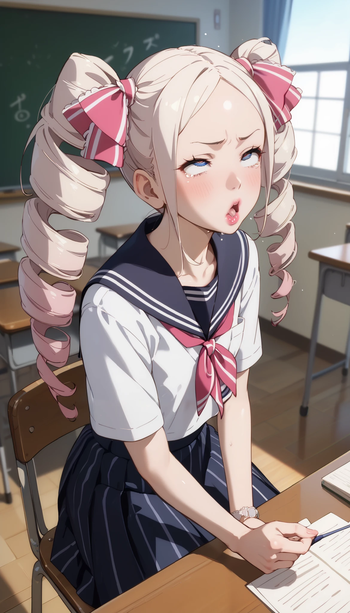 Has long pale hair that is almost creamy，((Double-wound ponytails are woven in vertical rolls))、Sailor Blouse、Classroom、((a class in session))、(lean on a desk)、pink lip、flat chest、sitting on a chair、(nipple tweak)、grabbing breast、(((puckered lips)))、((pout))、open mouth、(((fucked silly)))、(rolling eyes)、((looking up))、(((bouncing body)))、(masturbation)、ahegao