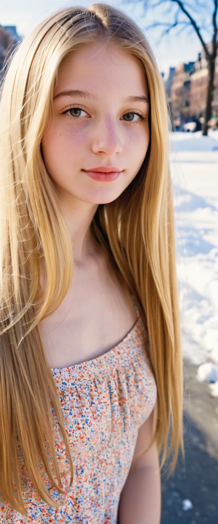 (indistinguishable from reality:1.4), 1girl, selfie, An half portrait of a beautiful 18y.o New York , (detailed facial features), (freckles:0.2), (acne:0.1), long thick luxurious straight hair,blonde hair, beautiful Jewish nose, shy smile, walking on street, snow day, sun, Dress, bright primary colors, Nikon FM2, 35mm SLR 