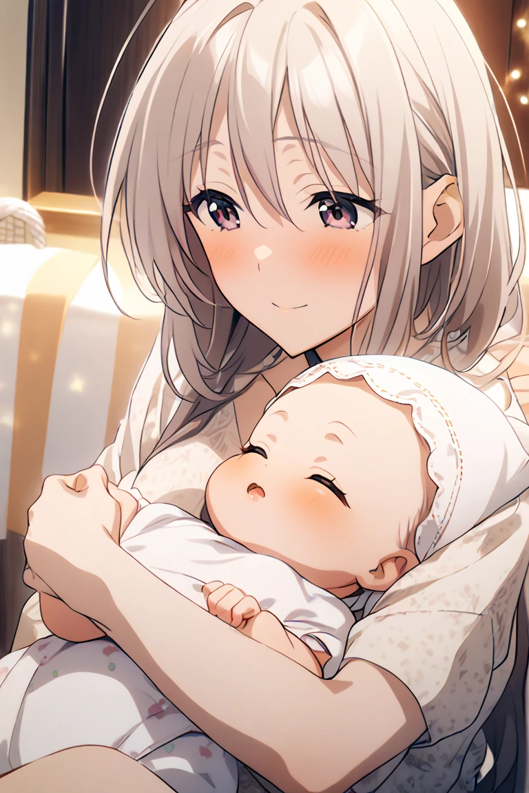 Mother and son、My son is a newborn baby.、The two are white-haired parents and children.、She is happily stroking the baby&#39;s cheek.、Heartwarming、happiness、A sparkling world、