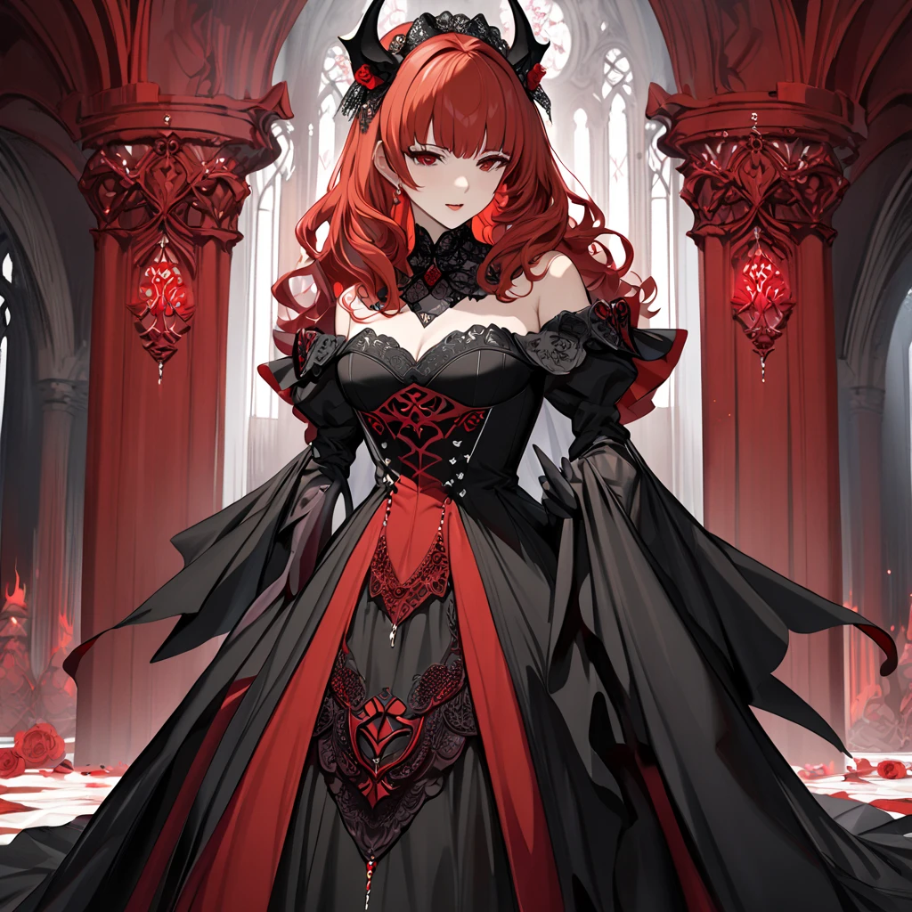 The beautiful woman who became a family member of an alien demon is a red-haired celica, wears a devil's black wedding dress, hugs an evil and atypical devil at the devil's altar, kisses her vow, and is loved while having a devil's wedding and becomes the devil's wife、(( best quality)), ((masterpiece)), ( Details), （ perfect face）,Devil's Woman is a red-haired Celica with excellent proportions and is the devil's wife 