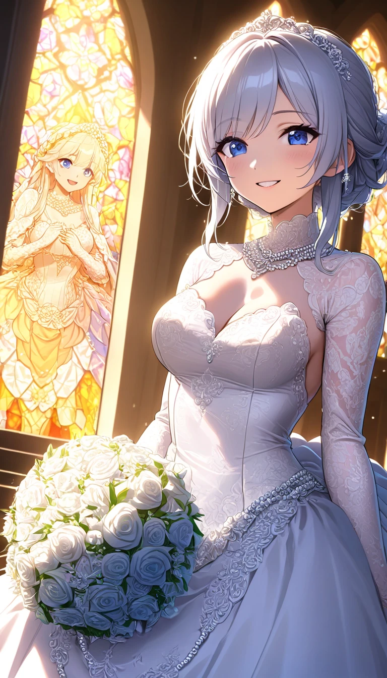 (((Best quality, 8k, Masterpiece: 1.3)), ((best quality)), ((masterpiece)), (detailed), perfect face, perfect body, (detailed skin:1.3), (intricate details), Ball gown wedding dress, pearl necklace, bouquet, Silver hair, straight hair, blue eyes, Wedding Rings, snow White, Chapel, happy, smile, solo, Stained Glass