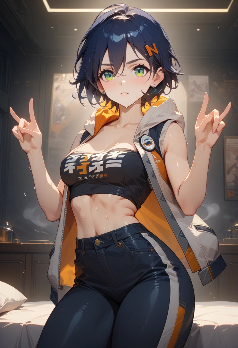 masterpiece,best quality,high resolution,8k,ultra HD,wallpaper,illustration,perfect face,cowboy shot,beautiful detailed eyes,extremely detailed face,perfect lighting,extremely detailed CG,perfect hands,perfect anatomy,perfect body,perfect hands,perfect fingers,1woman,full body,,muscle fighter body,Blue short hair,light green eyes,large breasts,Medium ass,medium nipples,(black tube top with open white hood jacket),black denim short pants,,,collarbone,,looking at viewer, (),Steam,sweat,on the bed,(Zenless Zone Zero character Belle),