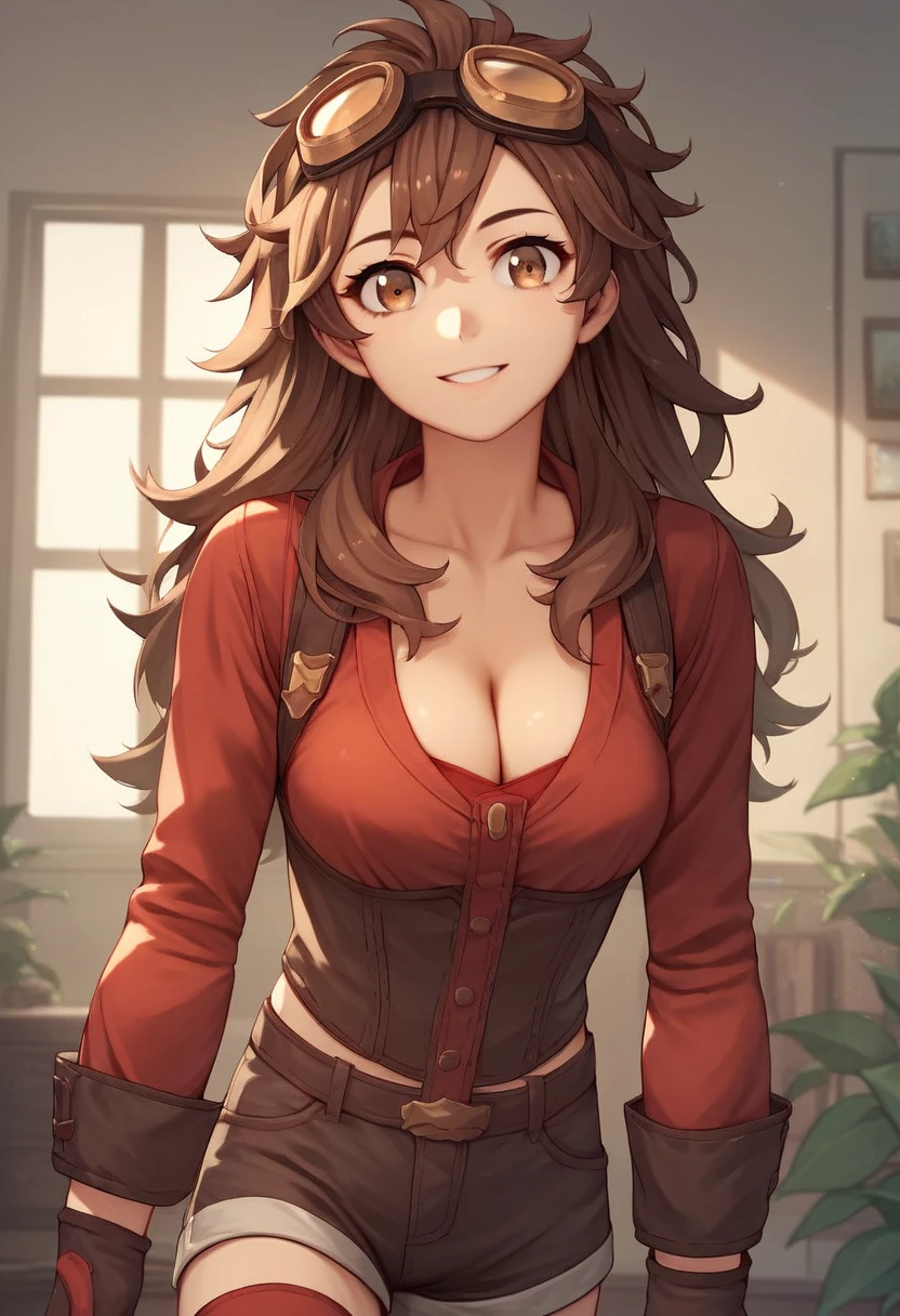 score_9, score_8_up, score_7_up, score_6_up, score_5_up, score_4_up, source_anime, 1girl,lora:amber1-000008:1>, amber5star, upper body, sexy smile, brown hair, clean hair, long hair, brown eyes, goggles,long hair,gloves,shorts,brown hair,red thighhighs,cleavage,red ribbon,long sleeves,red ribbon hair, looking at the viewer, worth, Turn your back, room, best quality, best res, 4K UHD,
 