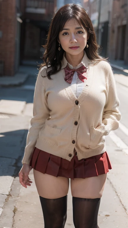 full body shot, from below,  japanese mature,  detailed face , Facial wrinkles, smile,  detailed skin texture , (curvy body,  plump thighs:1.5), (earrings,  Necklaces , red bowtie, brown cardigan, red skirt, pleated skirt, micro miniskirt, black thighhighs:1.2), ( wearing black high heels:1.2), ( takes a picture of the whole body from toe to head, Standing on the sidewalk:1.2), ( surrealism, best quality, ultra detailed, absolutely resolution, 8k, anatomically correct), depth of field, looking at viewer, tachi-e, (TI)