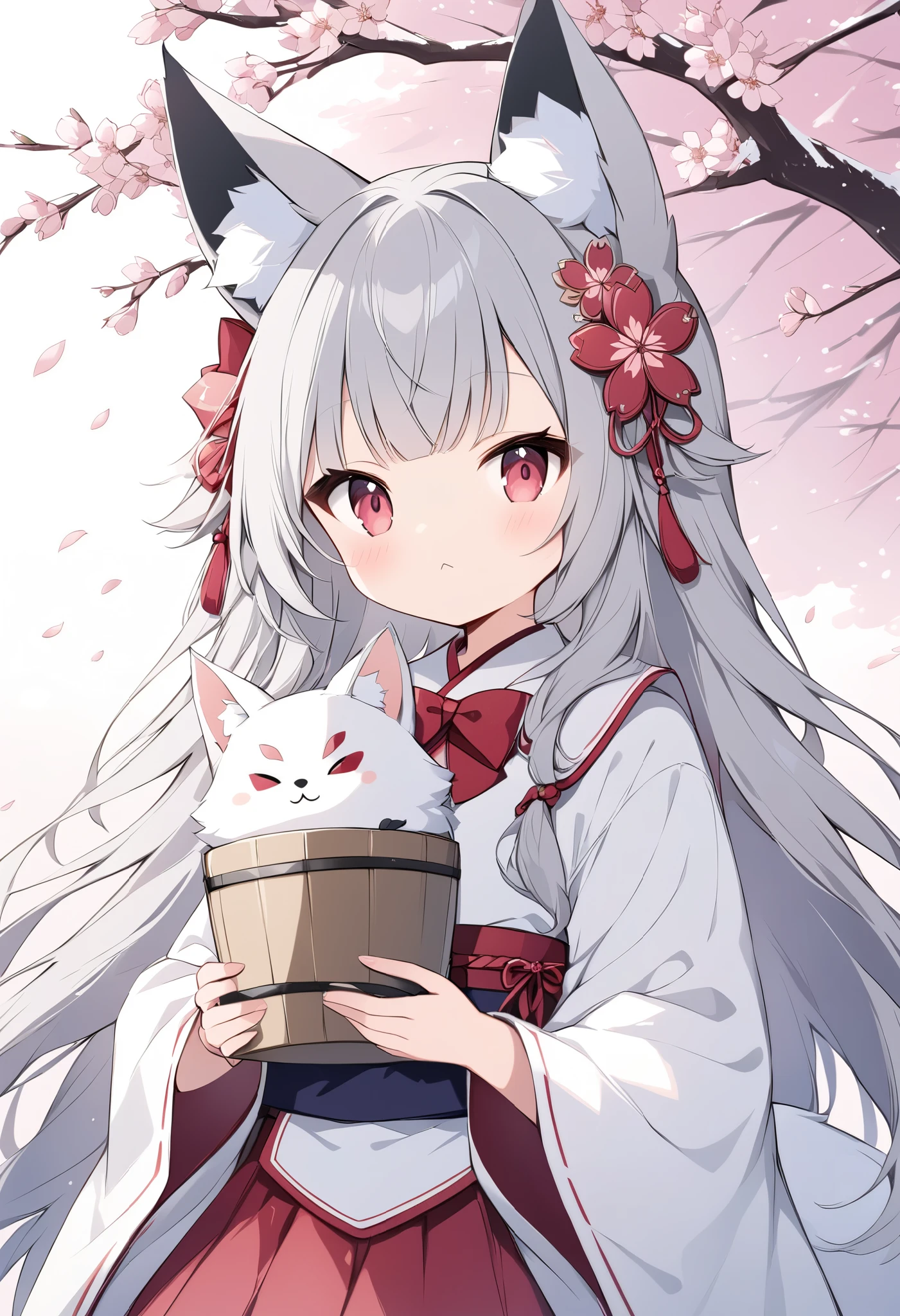  Thin and Soft Painting Style、White fox girl  、Grey Hair、 smooth long hair 、  fox ears、  fox's fluffy tail 、Ruby Eyes、  zitales、cute、:<、Onmyoji costume 、 ties hair behind、Cherry Blossom Snowstorm、 under a cherry tree , holding a pail containing a white fox with both hands