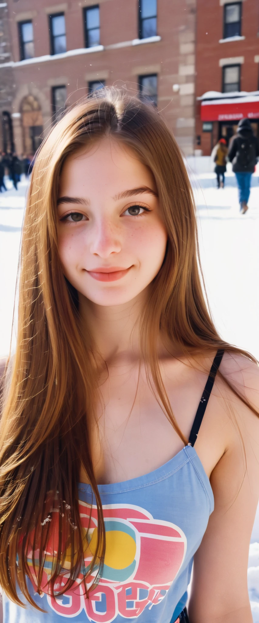 (indistinguishable from reality:1.4), 1girl, selfie, An half portrait of a beautiful 18y.o New York , (detailed facial features), (freckles:0.2), (acne:0.1), long thick luxurious straight hair, beautiful Jewish nose, shy smile, walking on street, snow day, sun, bra, bright primary colors, Nikon FM2, 35mm SLR  full body