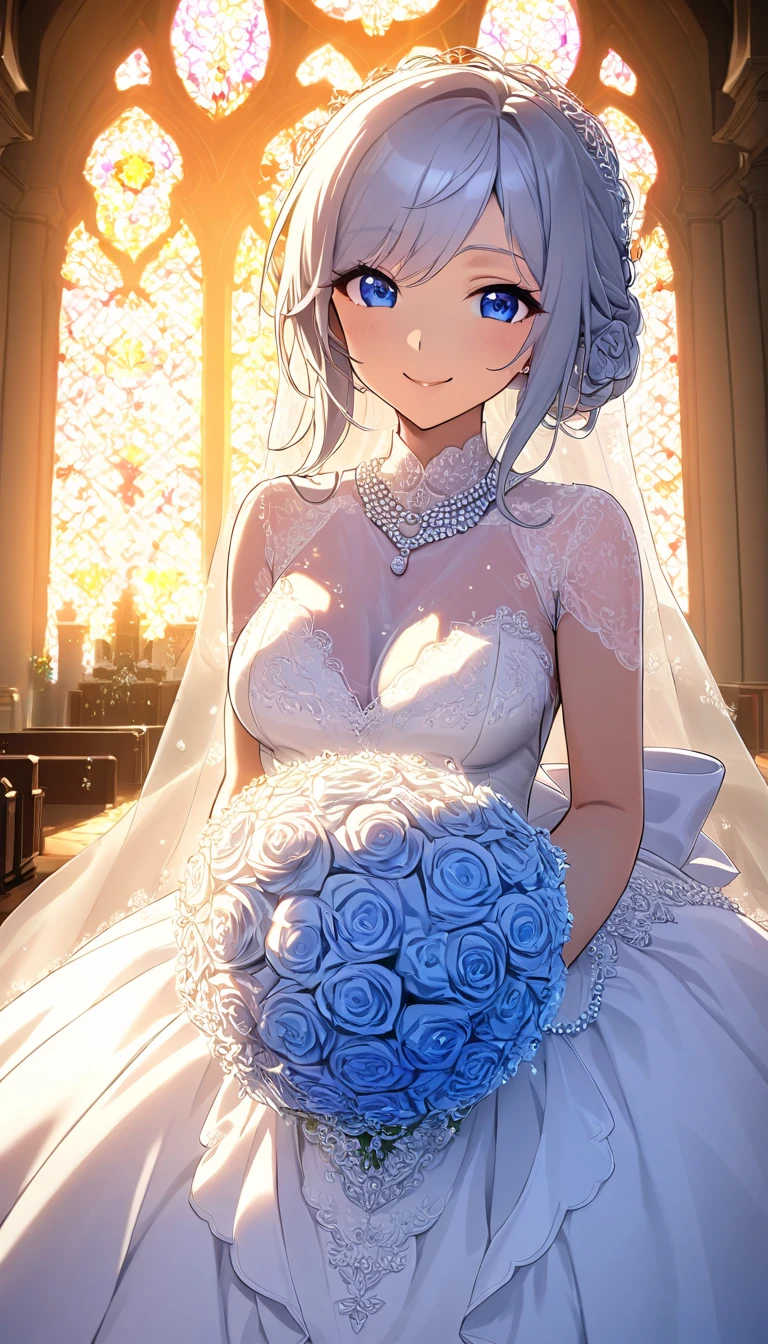 (((Best quality, 8k, Masterpiece: 1.3)), ((best quality)), ((masterpiece)), (detailed), perfect face, perfect body, (detailed skin:1.3), (intricate details), Ball gown wedding dress, pearl necklace, bouquet, Silver hair, straight hair, blue eyes, Wedding Rings, snow White, Chapel, happy, smile, solo, Stained Glass