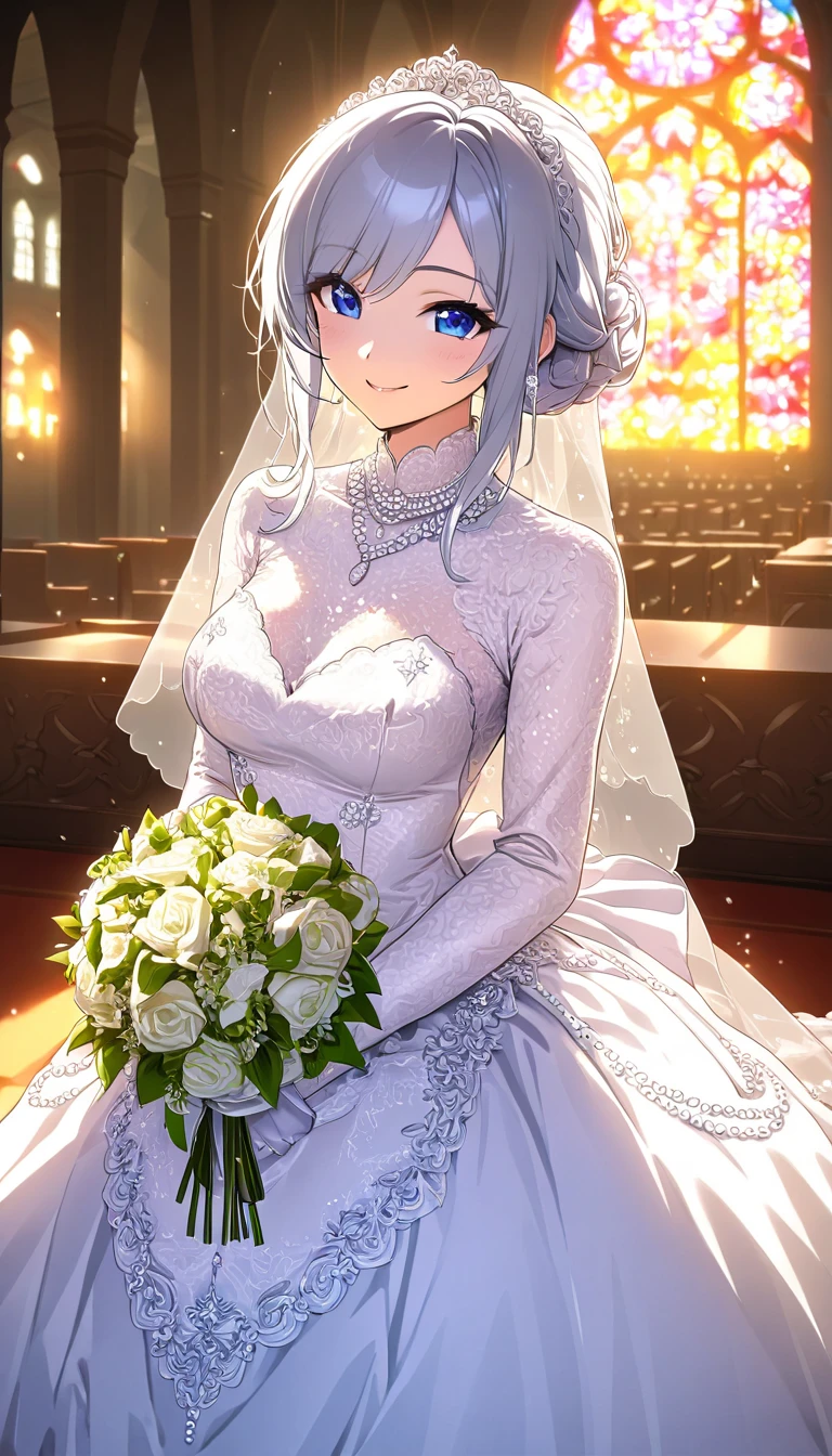 (((Best quality, 8k, Masterpiece: 1.3)), ((best quality)), ((masterpiece)), (detailed), perfect face, perfect body, (detailed skin:1.3), (intricate details), Ball gown wedding dress, pearl necklace, bouquet, Silver hair, straight hair, blue eyes, Wedding Rings, snow White, Chapel, happy, smile, solo, Stained Glass