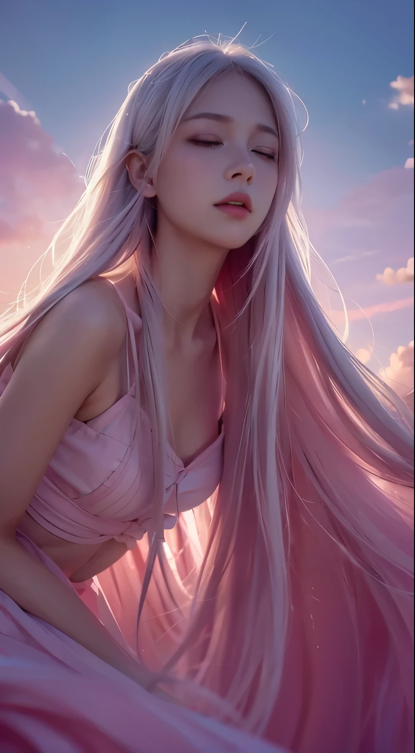 high qulity,4K,detailed detail,Dreamy,hyper realisitc,Up and down opposites,Parallel worlds,Girls fall from the sky,long white hair,Vertical descent,closing her eyes,Keep quiet,Girl in the Clouds,Pink light and shadow,