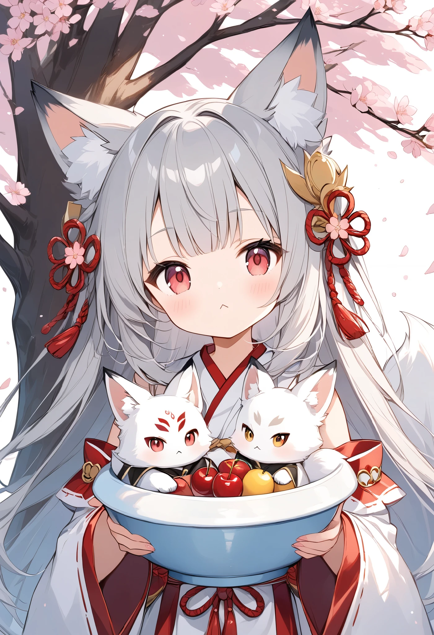  Thin and Soft Painting Style、White fox girl  、Grey Hair、 smooth long hair 、  fox ears、  fox's fluffy tail 、Ruby Eyes、  zitales、cute、:<、Onmyoji costume 、Cherry Blossom Snowstorm、 under a cherry tree ,Holding a tub containing a white fox