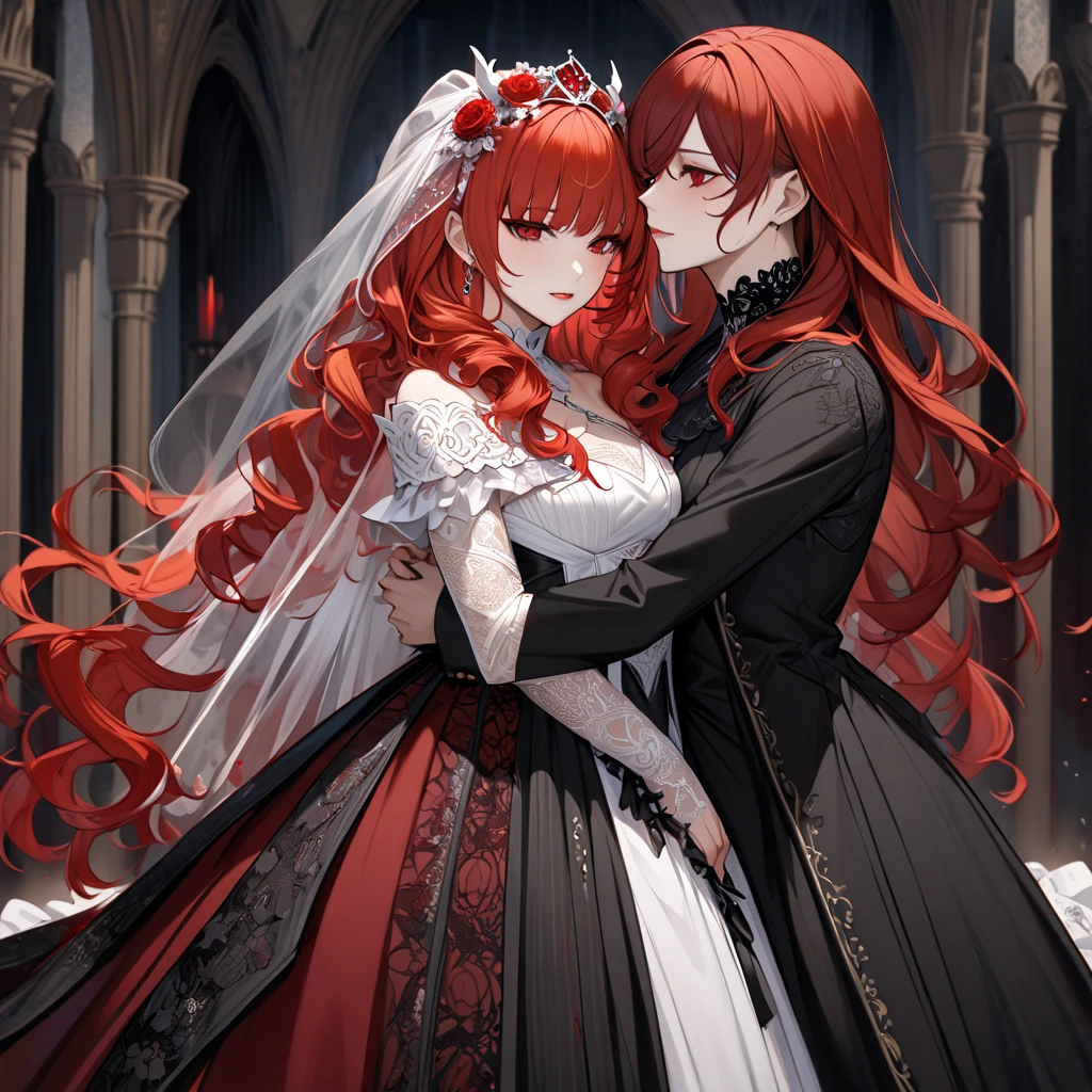  The beautiful woman who is a family member of the atypical devil and became a devil wears a black devil wedding dress with red hair, hugs an evil and atypical demon at the devil's altar, and has a devil's wedding while being loved、(( best quality)), ((masterpiece)), ( Details), （ perfect face）,The devil's woman is a red-haired celica with excellent proportions, is the devil's wife who hugs and kisses an atypical devil and has a wedding 