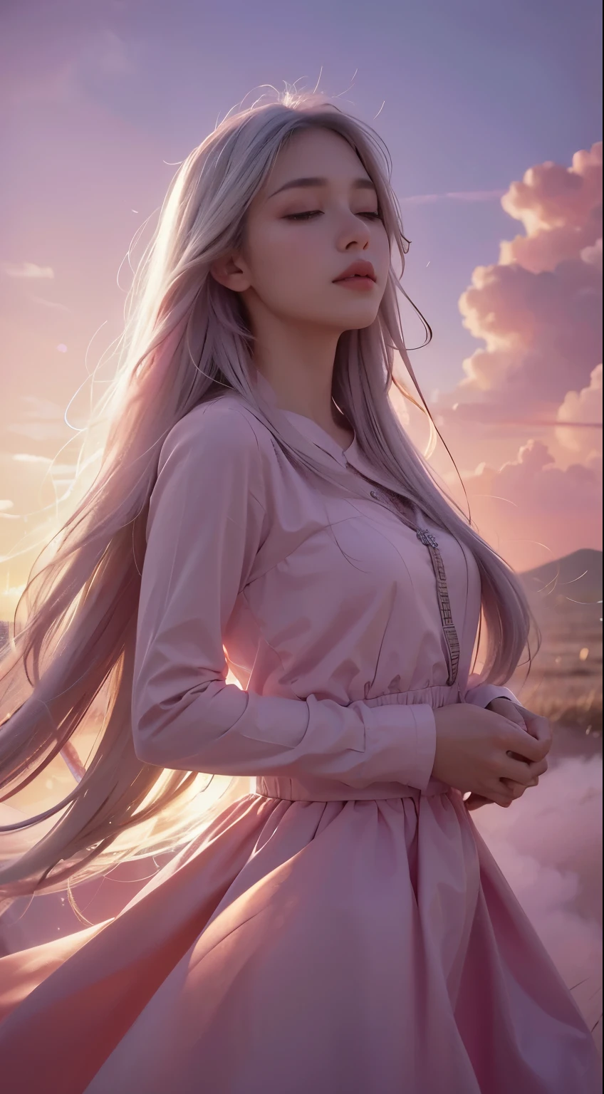high qulity,4K,detailed detail,Dreamy,hyper realisitc,Up and down opposites,Parallel worlds,Girls fall from the sky,long white hair,Vertical descent,closing her eyes,Keep quiet,Girl in the Clouds,Pink light and shadow,