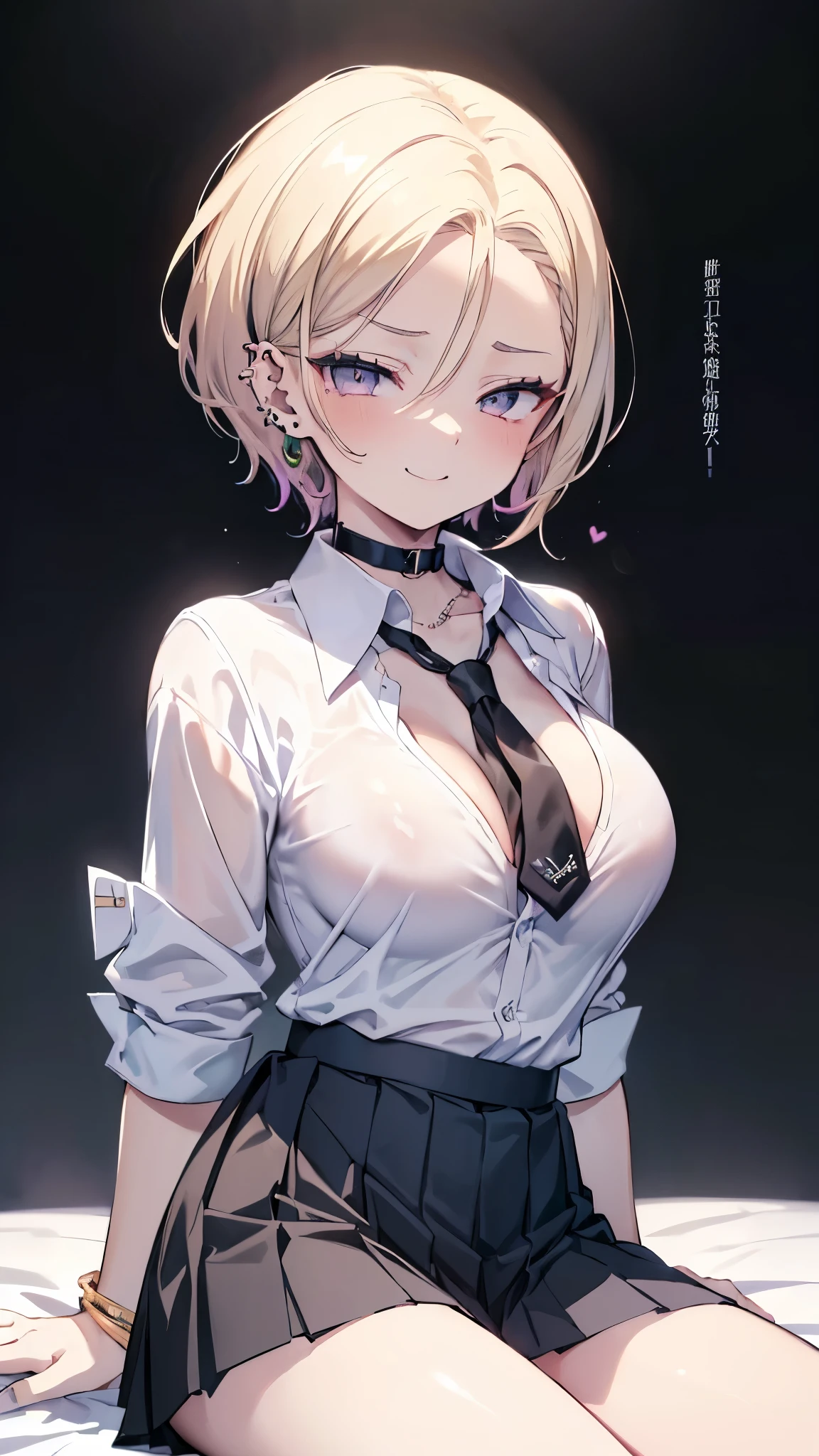 ((masterpiece、 best quality、 Very detailed))、 one girl who is at ease、Blonde、 short hair on the side of the uniform、((bold、slicked back))、 gray eyes、evil smile、((lots of piercing))、(( Big Breasts ))、(( white collared shirt ))、((clavicle))、 Necklaces 、 Bracelets、(( black pleated skirt))、((micro miniskirt))、 cowboy shot、 Classroom Background