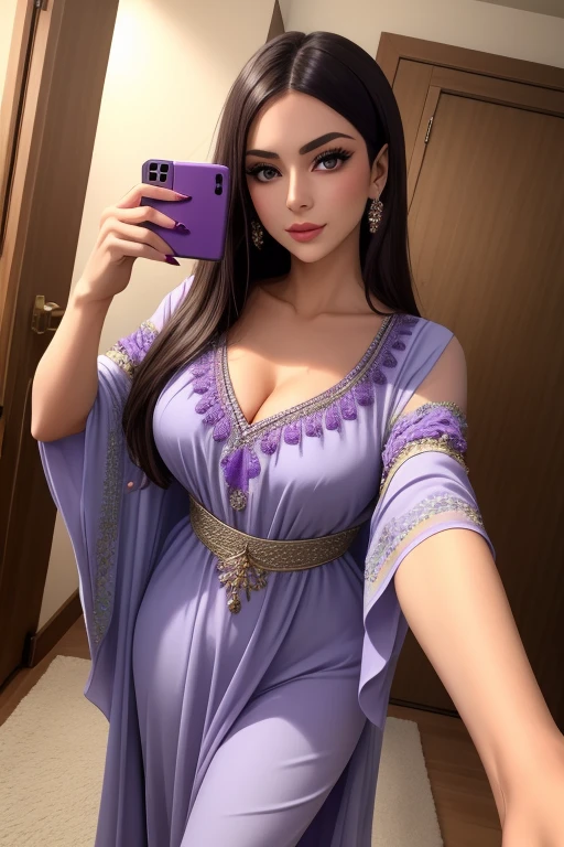  is a selfie of a beautiful woman , Kaftan Edge ,  a woman wearing a purple dress , wearing Kaftan Edge , 