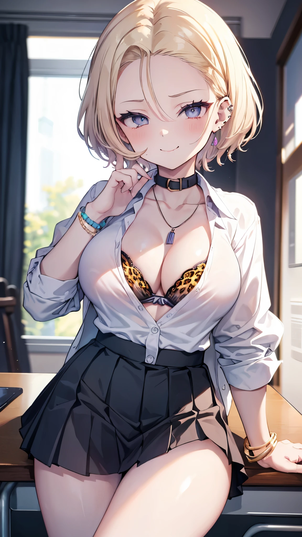 (8K、Top image quality、top-quality、masterpiece)、A detailed face、1 girl in、((a blond))、bob cut、blunt bangs、Golden eyes、piercings、evil smile、large full breasts、((((Unbuttoned school uniform))))、shortsleeves、((black bra))、a necklace、Black Mini Pleated Skirt、((skirt lift))、(black panties)、((kneeling))、on the beds、POV、bedroom background