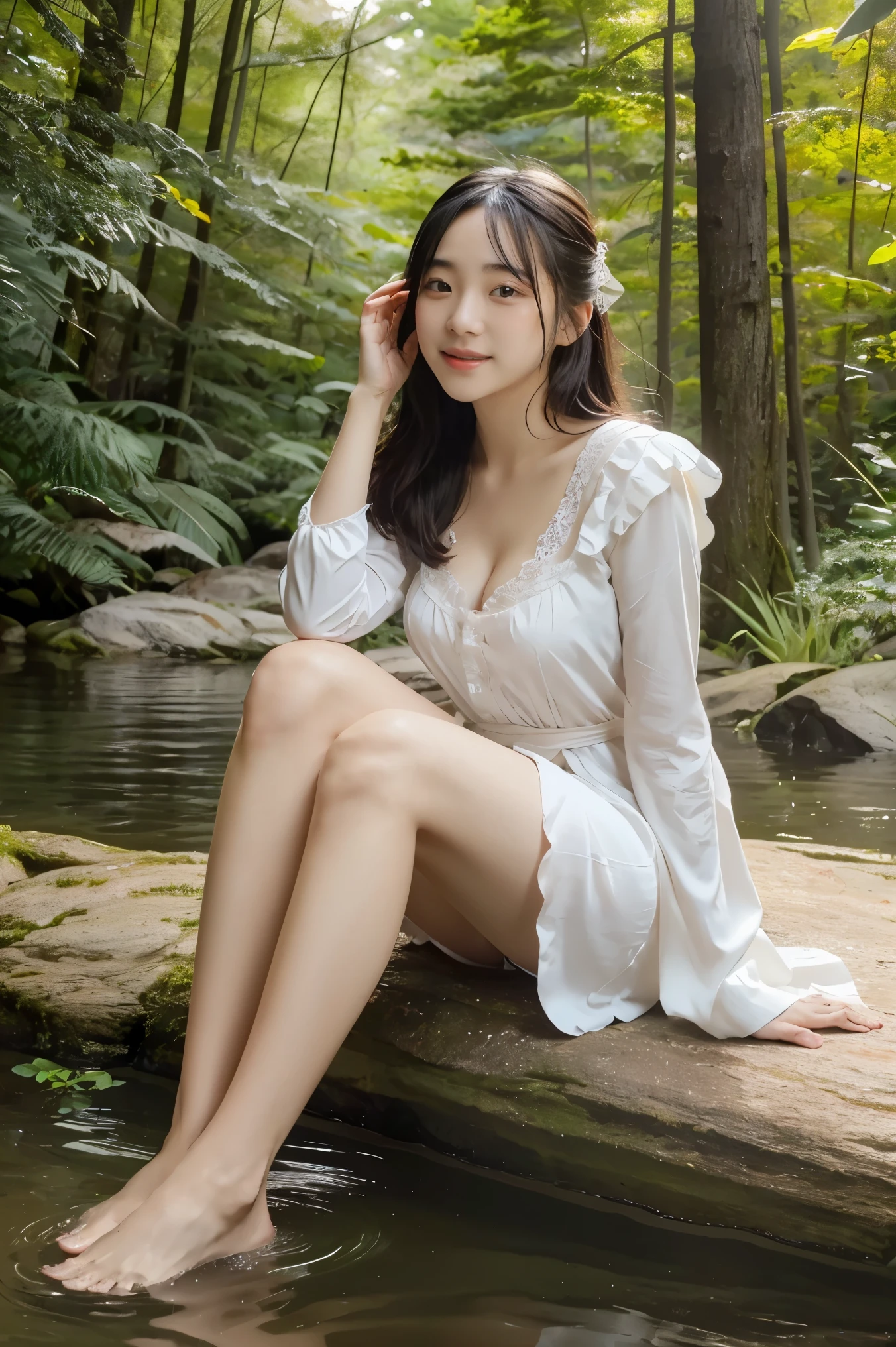 Photo-realistic quality、A Japanese female model wearing a colorful, thin summer dress is running along a stream in the forest., Water is splashing、Cute smile, Japanese Model, Beautiful Japanese Face, Young and cute gravure idol, Cute young woman, Beautiful and smiling, cute beautiful, Real young gravure idol, An innocent smile, beautiful flowing feeling, Young Sensual Gravure Idol, Beautiful cute, Smiling Kindly, ほんのりCute smile、looking at the camera、Detailed and beautiful eyes、Cute smile、A soft and gentle look