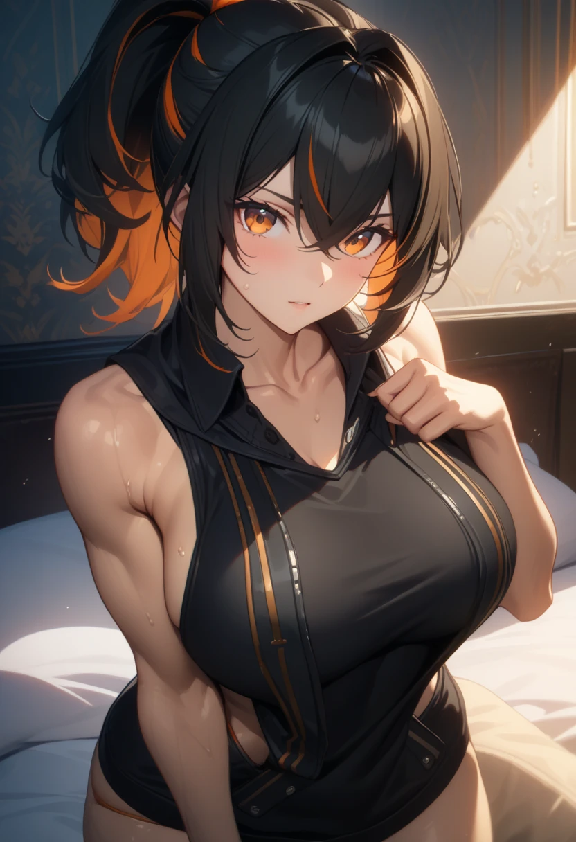 masterpiece,best quality,high resolution,8k,ultra HD,wallpaper,illustration,perfect face,cowboy shot,beautiful detailed eyes,extremely detailed face,perfect lighting,extremely detailed CG,perfect anatomy,perfect body,perfect hands,perfect fingers,1woman,full body,,muscle fighter body,(black long ponytail hair with orange mesh lines hair:1.2),orange eyes,large breasts,Medium ass,,(white sexy virgin killer long sweater),thong,,clothed,,collarbone,,looking at viewer,(),Steam,sweat, on the bed,(Zenless Zone Zero character Zhu Yuan),adult,