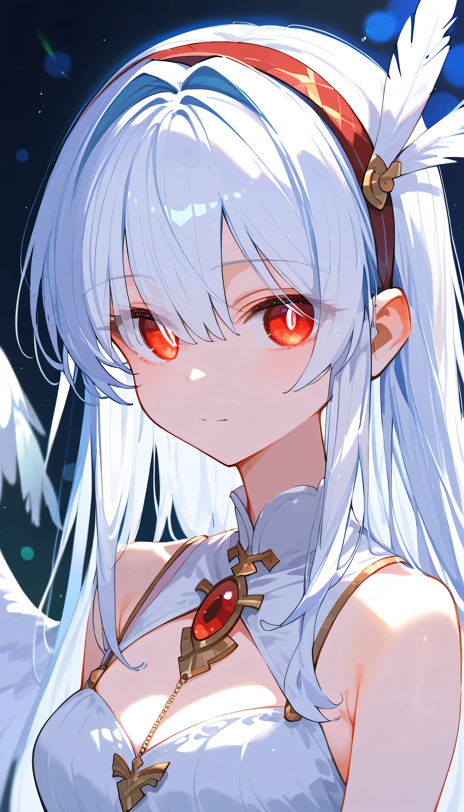 nai3, close up, masterpiece, best quality, bokeh, cute, Score_9,Score_8_up,Score_7_up,highest quality,detailed, 1girl, suigintou, glowing eyes, solo, red eyes, wings, long hair, dress, hairband, white hair, feathers, looking at viewer, portrait, eyes visible through hair, (dark:1.2), low illumination, high quality, late,