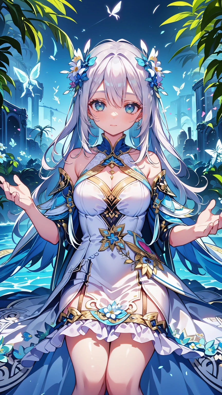 With shimmering silver scales resembling a starry night sky, the mermaid's wide eyes gleam with a celestial glow. She floats gracefully in a whimsical underwater scene, her tail elegantly swaying among colorful coral reefs and schools of tropical fish. This visually stunning painting captures the beauty and magic of an enchanted underwater world, inviting viewers to escape into a realm of fantasy and wonder.