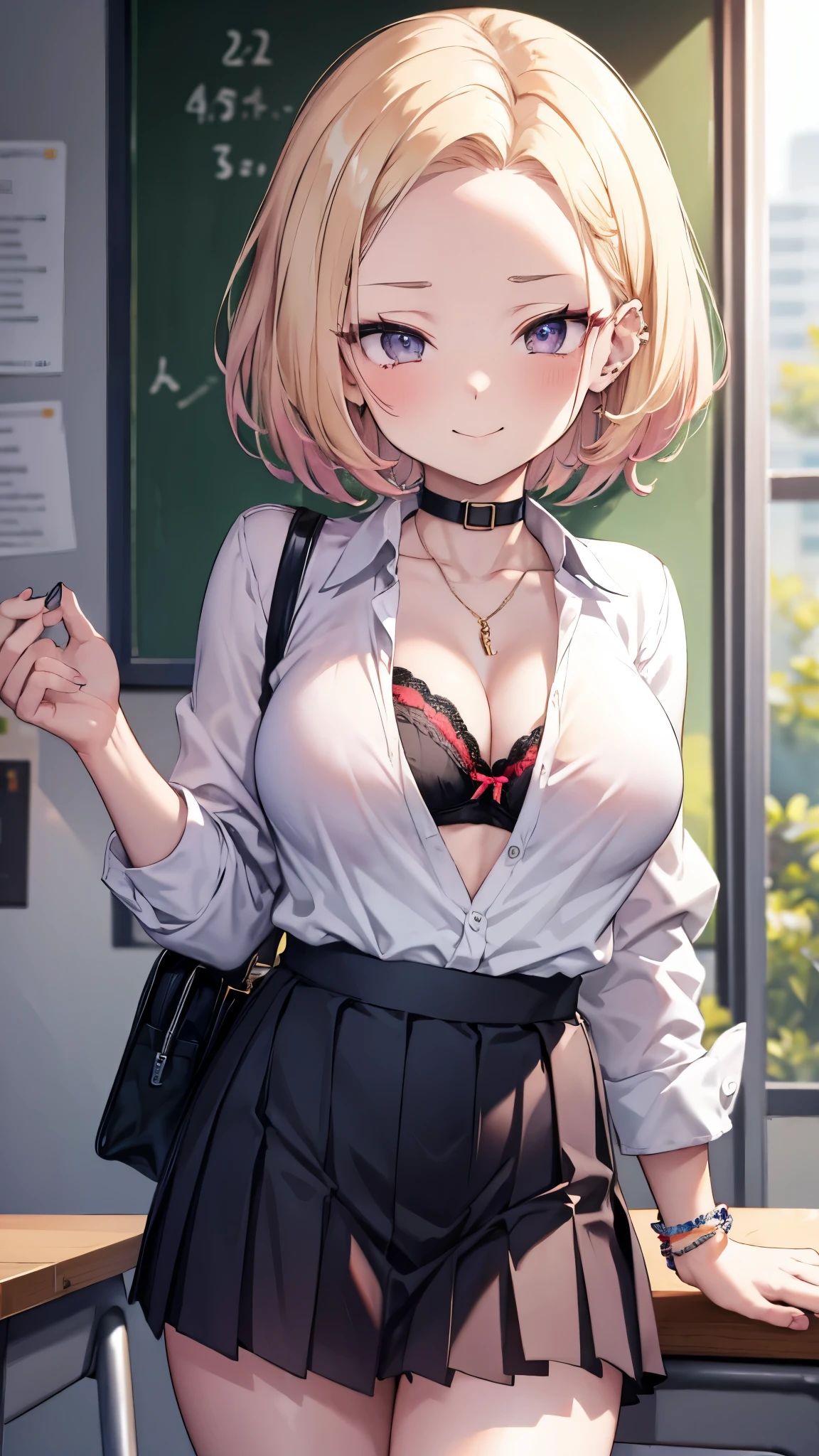 ((masterpiece、 best quality、 Very detailed))、 one girl who is at ease、Blonde、 short hair on the side of the uniform、((bold、slicked back))、Forehead、 gray eyes、evil smile、((lots of piercing))、(( Big Breasts ))、(( white collared shirt ))、((clavicle))、 Necklaces 、((red bra))、 Bracelets、(( black pleated skirt))、((micro miniskirt))、 cowboy shot、 Classroom Background 