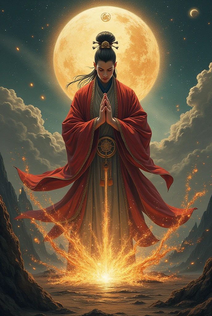 The handsome young man in Chinese traditional clothing is performing magic., Beside him are countless charms against love and spells