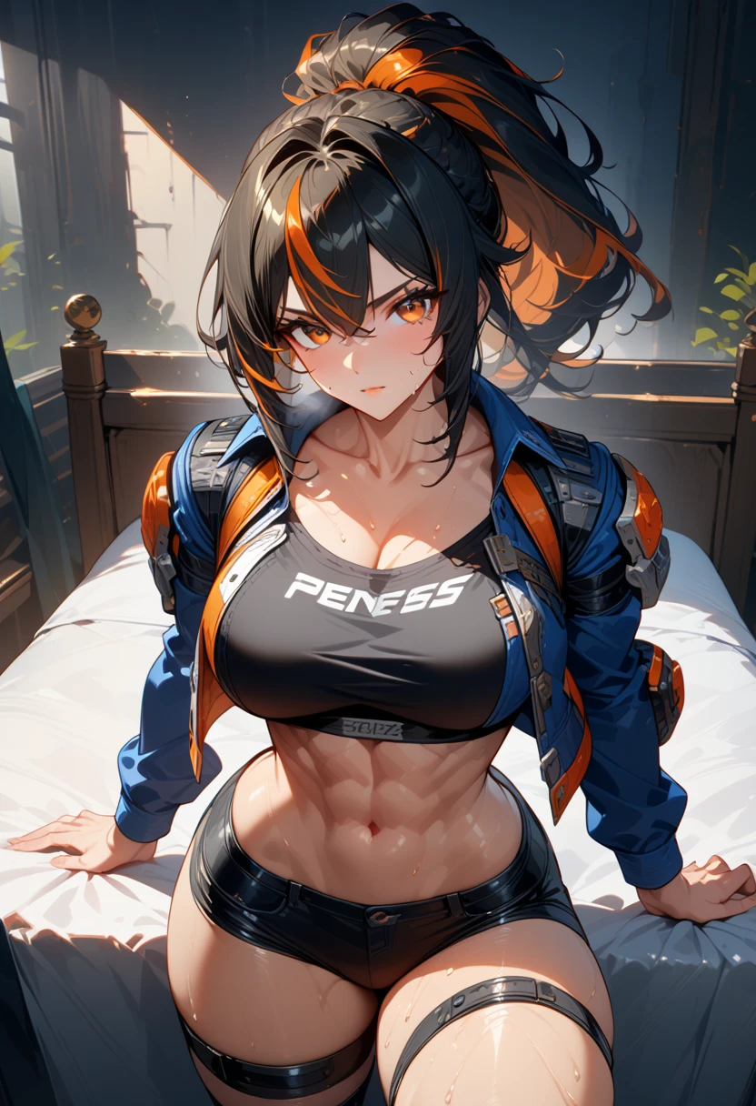 masterpiece,best quality,high resolution,8k,ultra HD,wallpaper,illustration,perfect face,cowboy shot,beautiful detailed eyes,extremely detailed face,perfect lighting,extremely detailed CG,perfect anatomy,perfect body,perfect hands,perfect fingers,1woman,full body,,muscle fighter body,(black long ponytail hair with orange mesh lines hair:1.2),orange eyes,large breasts,Medium ass,, (blue open jacket),black short hot pants,,clothed,,collarbone,,looking at viewer,(),Steam,sweat, on the bed,(Zenless Zone Zero character Zhu Yuan),adult,