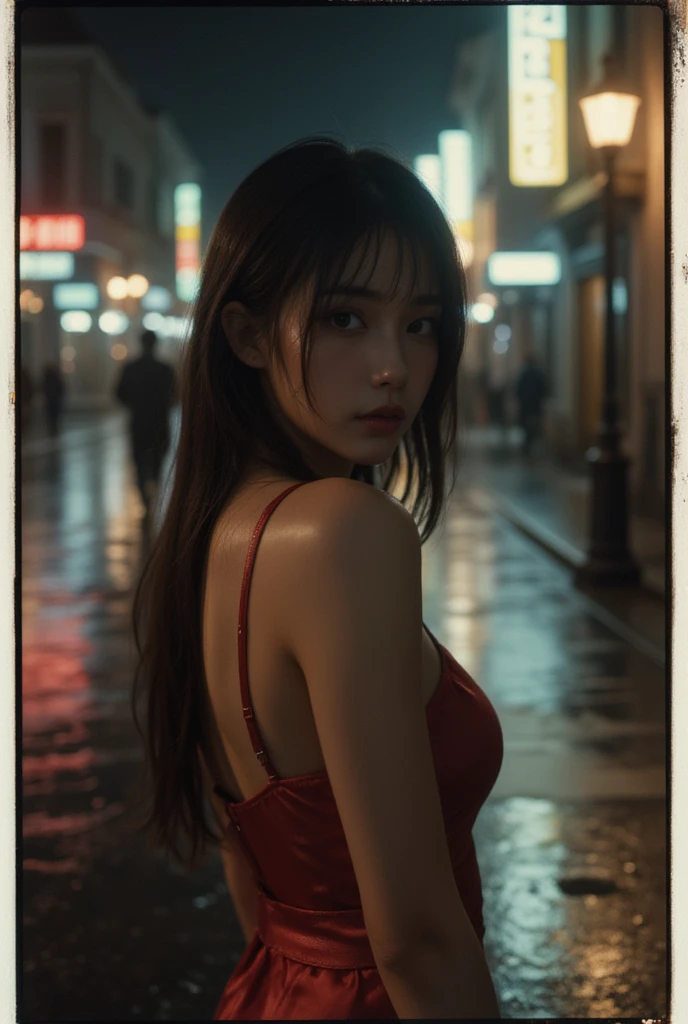 1girl,solo,long hair,Rough skin,from back,face focus,(looking at viewer:1.2),wet hair,dark,polaroid,(depth_of_field:1.5),rainy days,outdoors,street,hair between eyes,moody lighting,Tyndall effect,Cinematic Lighting,night,lamppost,lens flare,available light,rim light,glowing neon lights,curvy,Red silk dress,