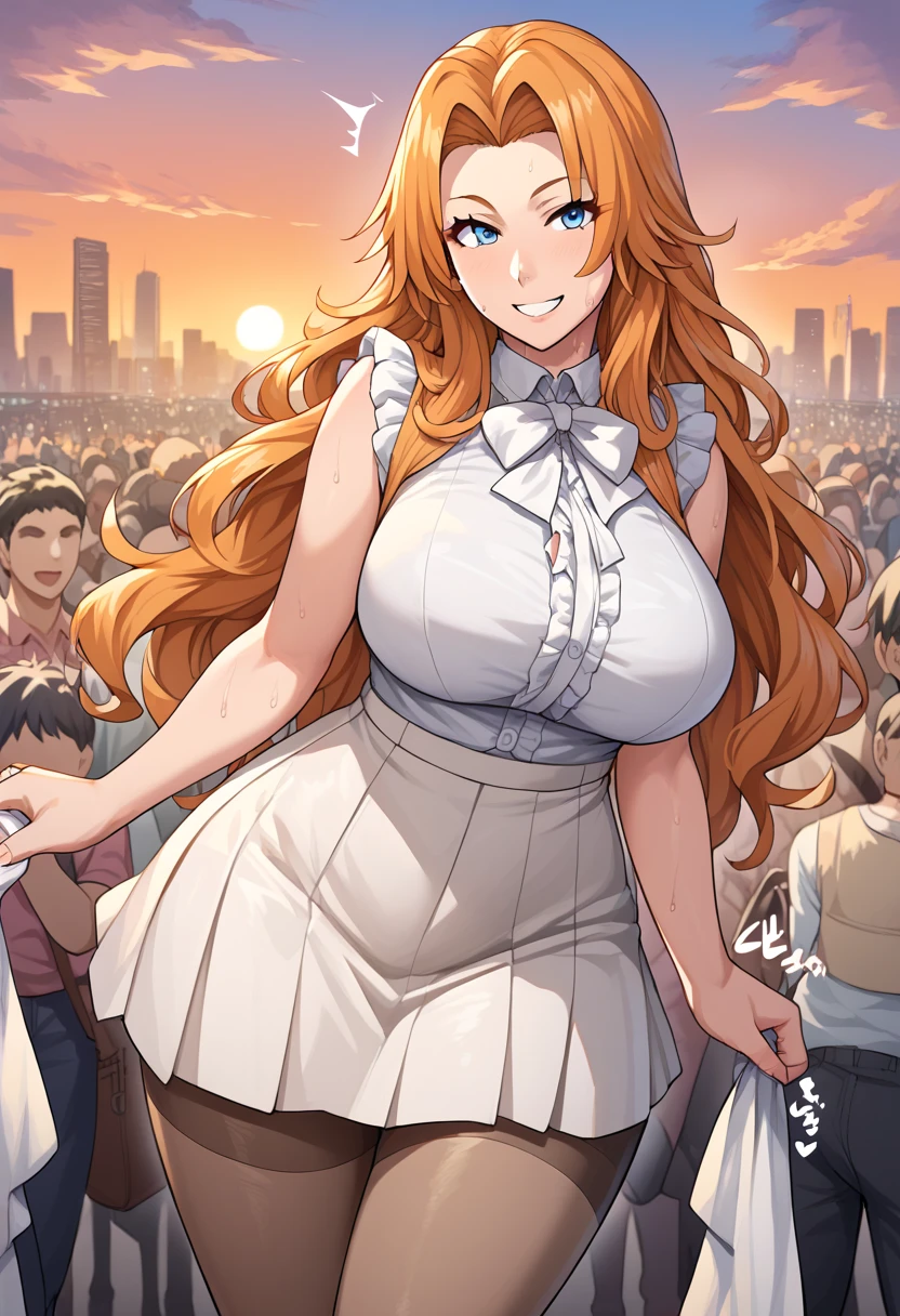 BREAK 1girl,Rangiku Matsumoto , long hair, blue eyes, orange hair, large breasts, sweat, sound effects, light gray suit, white ribbon, white frilled shirt, medium pencil skirt, pantyhose, looking at you, smile, BREAK score_9, score_8_up, score_7_up, score_6_up, source_anime BREAK (outdoor, huge crowd),city,sunset,