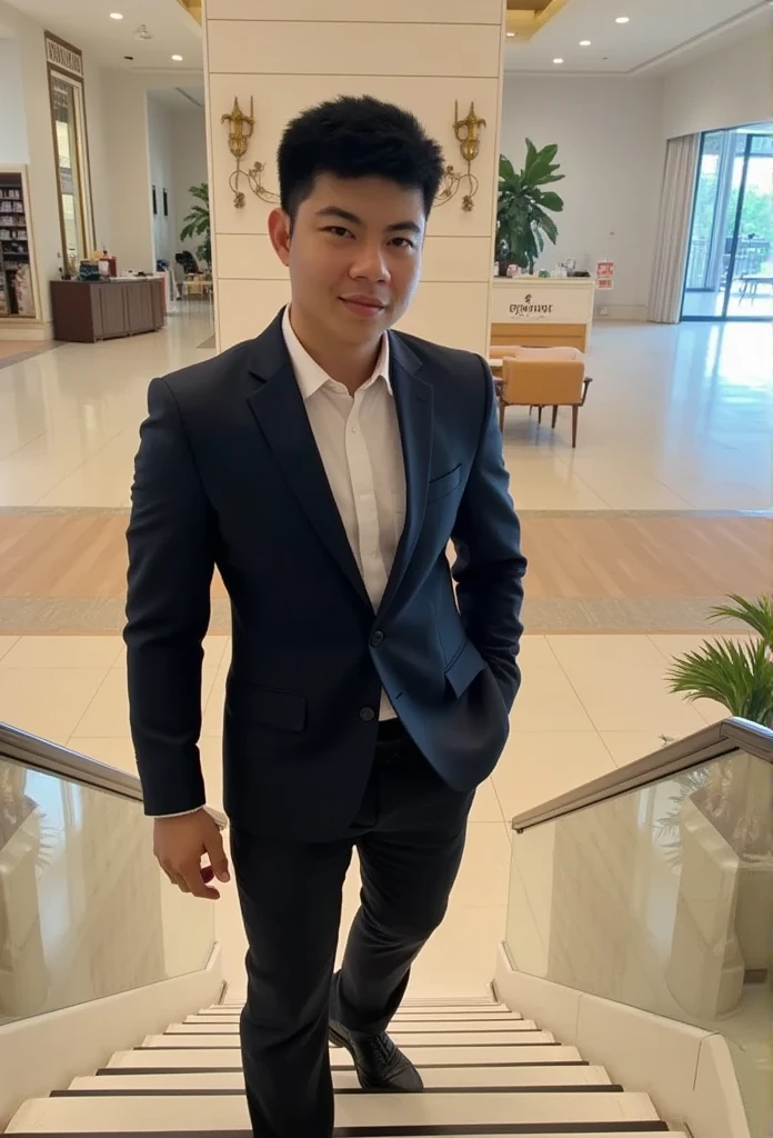 A handsome young Thai man, 175cm tall . , is walking up the stairs in the luxury mall, which has both escalators and ordinary stairs, but this man chooses to go up the ordinary stairs.