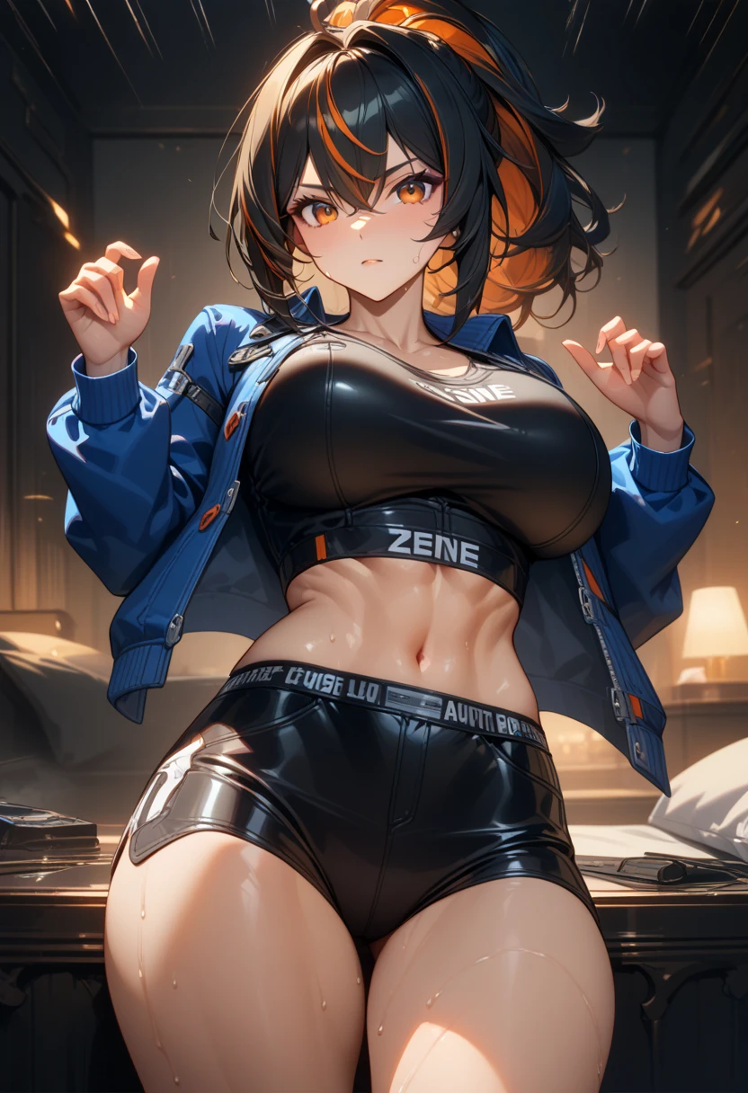 masterpiece,best quality,high resolution,8k,ultra HD,wallpaper,illustration,perfect face,cowboy shot,beautiful detailed eyes,extremely detailed face,perfect lighting,extremely detailed CG,perfect anatomy,perfect body,perfect hands,perfect fingers,1woman,full body,,muscle fighter body,(black long ponytail hair with orange mesh lines hair:1.2),orange eyes,large breasts,Medium ass,, (blue open jacket),black short hot pants,,clothed,,collarbone,,looking at viewer,(),Steam,sweat, on the bed,(Zenless Zone Zero character Zhu Yuan),adult,