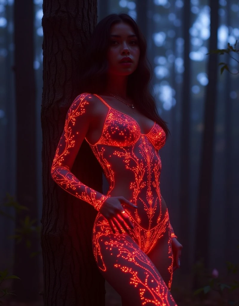 (masterpiece), Highest image quality, High resolution, photorealistic, detailed, Dynamic, natural, cover design featuring a stunning 35 years old woman ((Line red fluorescent tatoos drawing lace underwears on her body)), (jaw-dropping beauty, perfect proportions, beautiful body), night forest, Volumetric Light, (stunning eyes, caucasian, white skin, brown long hair) ((The woman is leaning against a tree, suggestive and sensual position)). ((Background of deep forest by night). The overall tone is elegant and powerful, with a slightly surreal ambiance. (Realistic light, textures and details. Full HD, 8K) 