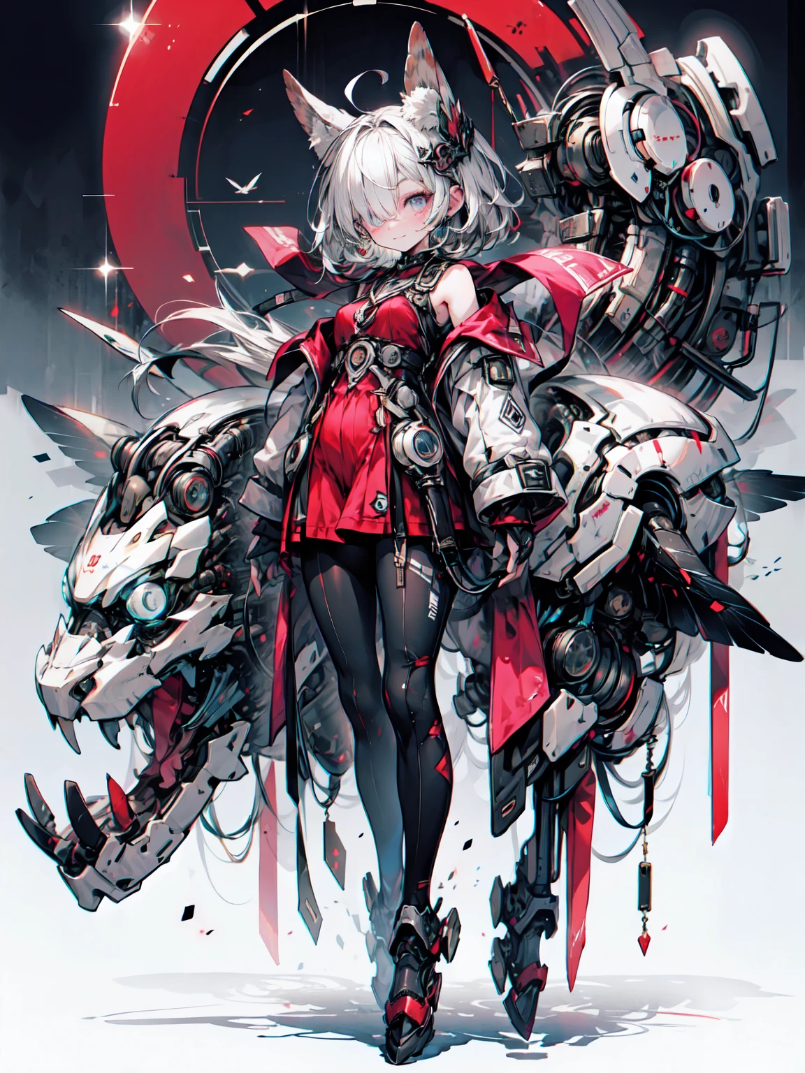 (masterpiece), (最 High Quality ), ( High Quality ), (8k),  girl, (whole body), Dragon Armor, 複雑な  Details, Red light, Silver short hair, The hair in the back is messy,   Detailsな髪,   bright blue eyes  ,  dominates performance, While she rules the world、Walking in more chaotic places,  Fire Background, Dragon in the Night Sky, Heat up your aura, ( High Quality の照明)、owl wings 、Blake、非常に  Details ( Dark Elves), ( girl1人), Alone,  perfect face,   Details, Ahoge, ((Long Hair:1.2)), (Hair above one eye:1.3), [[ messy hair]], Shiny blonde white hair,  purple eyes, spotted eyes ,  colorful hair, Sparkling Eyes, Bright Eyes, Face shape, ( eyelash ,  eyeshadow, pink  eyeshadow), smile,  design art：Haruhiko Mikimoto, Kawasaki,  By Yoshitaka Amano 